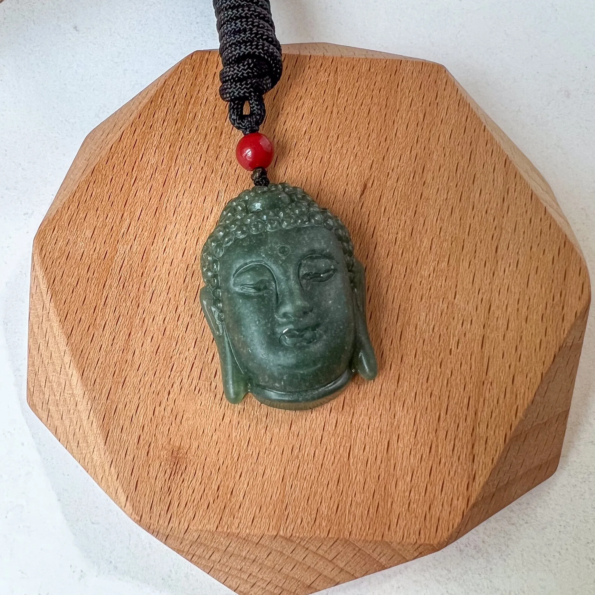 Green Jadeite Jade Buddha Head, Amida, Amitabha, Hand Carved Pendant, YJ-0822-0464220