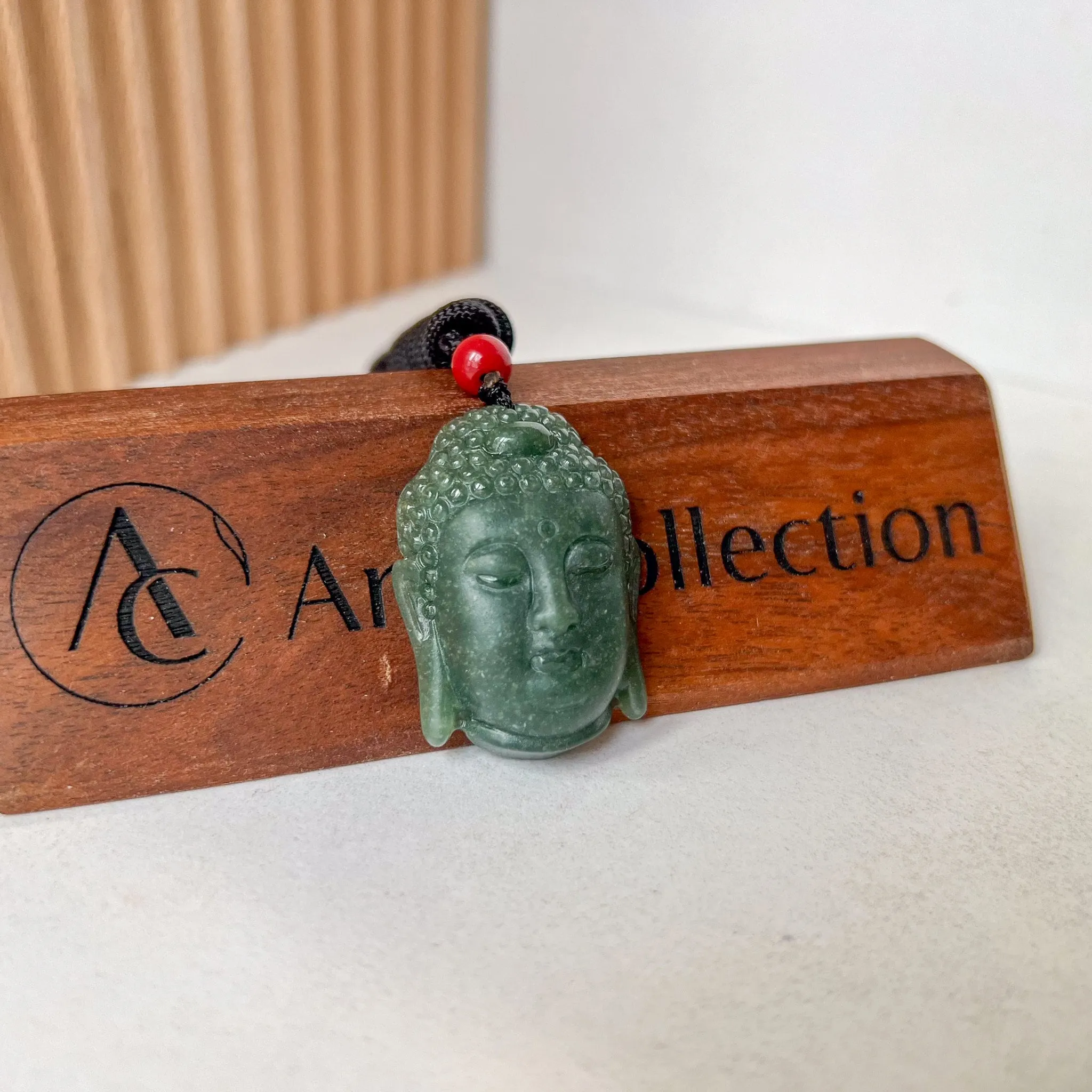 Green Jadeite Jade Buddha Head, Amida, Amitabha, Hand Carved Pendant, YJ-0822-0464220