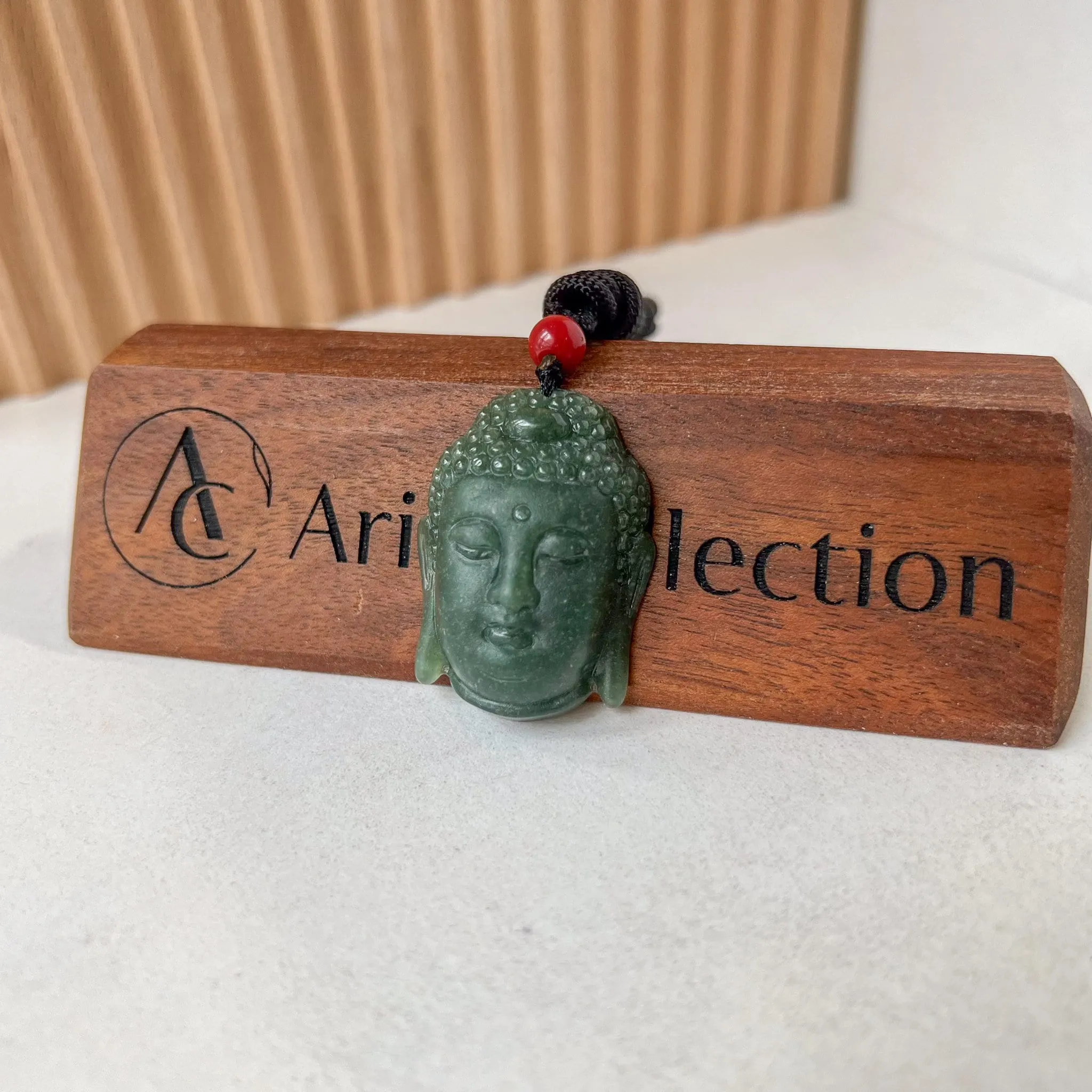 Green Jadeite Jade Buddha Head, Amida, Amitabha, Hand Carved Pendant, YJ-0822-0464220