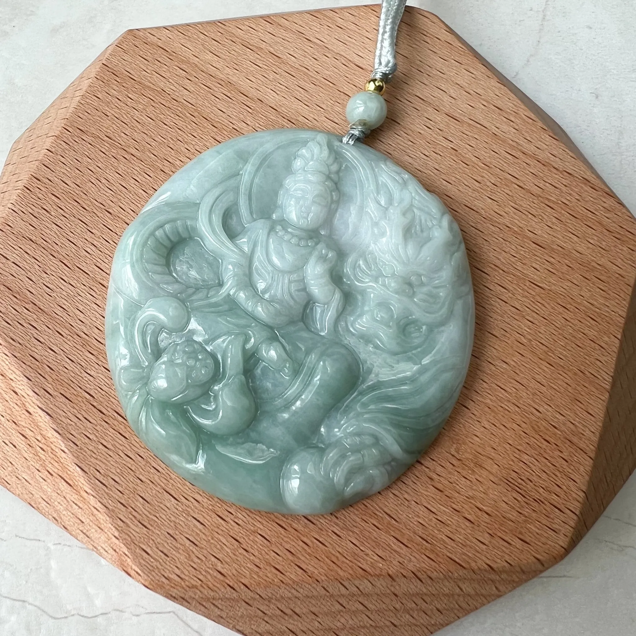 Green Jadeite Jade Guan Yin Avalokiteshvara, Dragon, Quan Am, Hand Carved Pendant Necklace, YJ-1221-0319681
