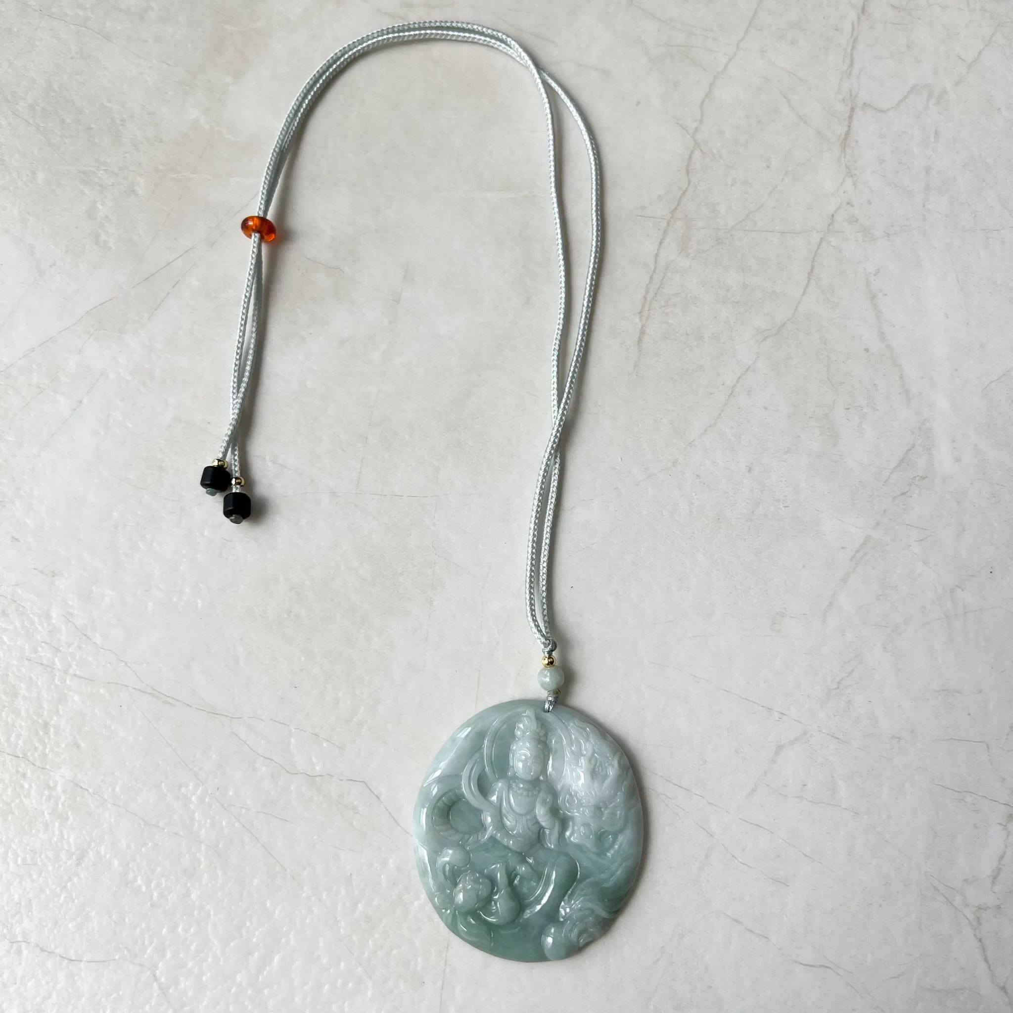 Green Jadeite Jade Guan Yin Avalokiteshvara, Dragon, Quan Am, Hand Carved Pendant Necklace, YJ-1221-0319681