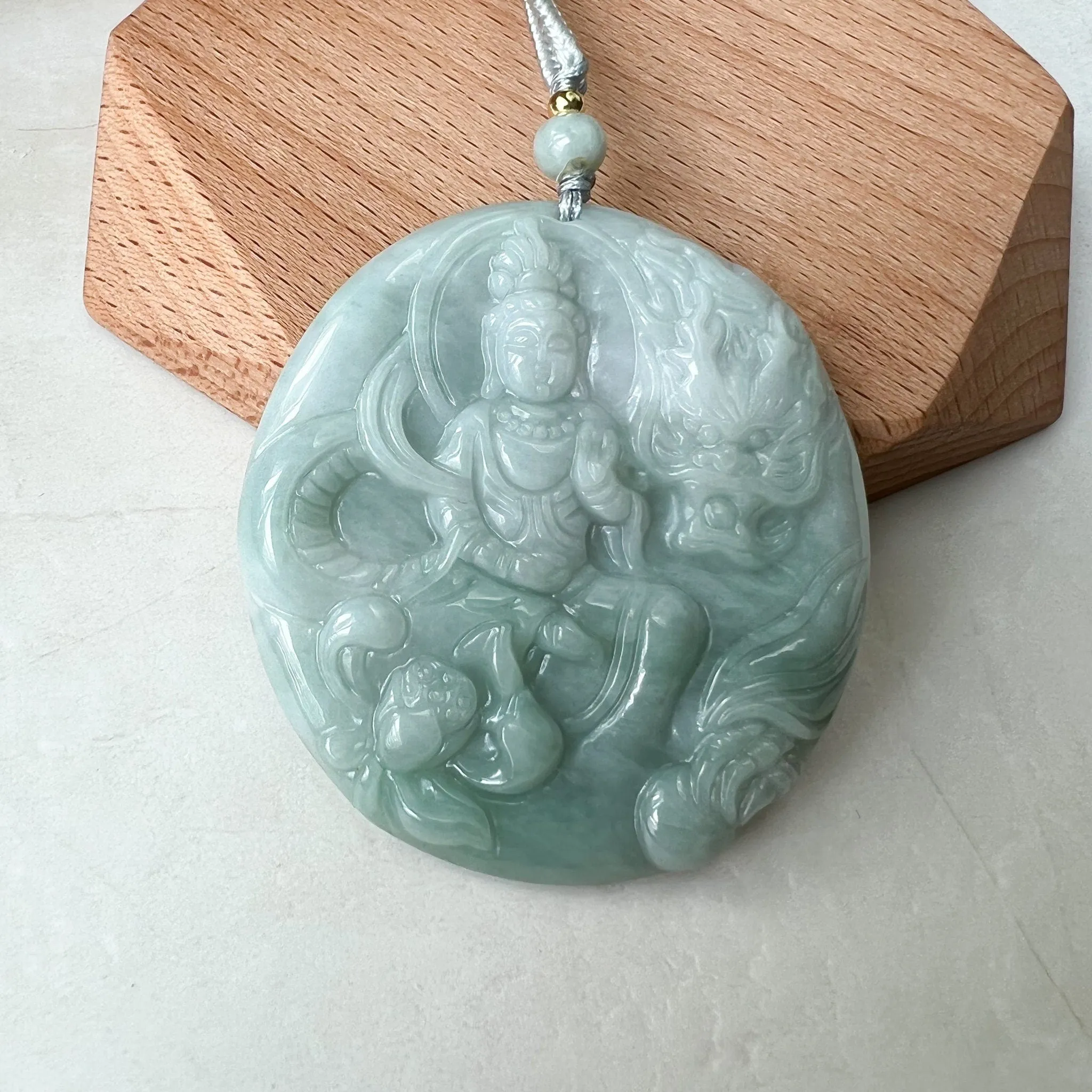 Green Jadeite Jade Guan Yin Avalokiteshvara, Dragon, Quan Am, Hand Carved Pendant Necklace, YJ-1221-0319681