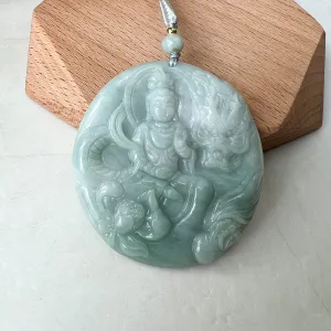 Green Jadeite Jade Guan Yin Avalokiteshvara, Dragon, Quan Am, Hand Carved Pendant Necklace, YJ-1221-0319681