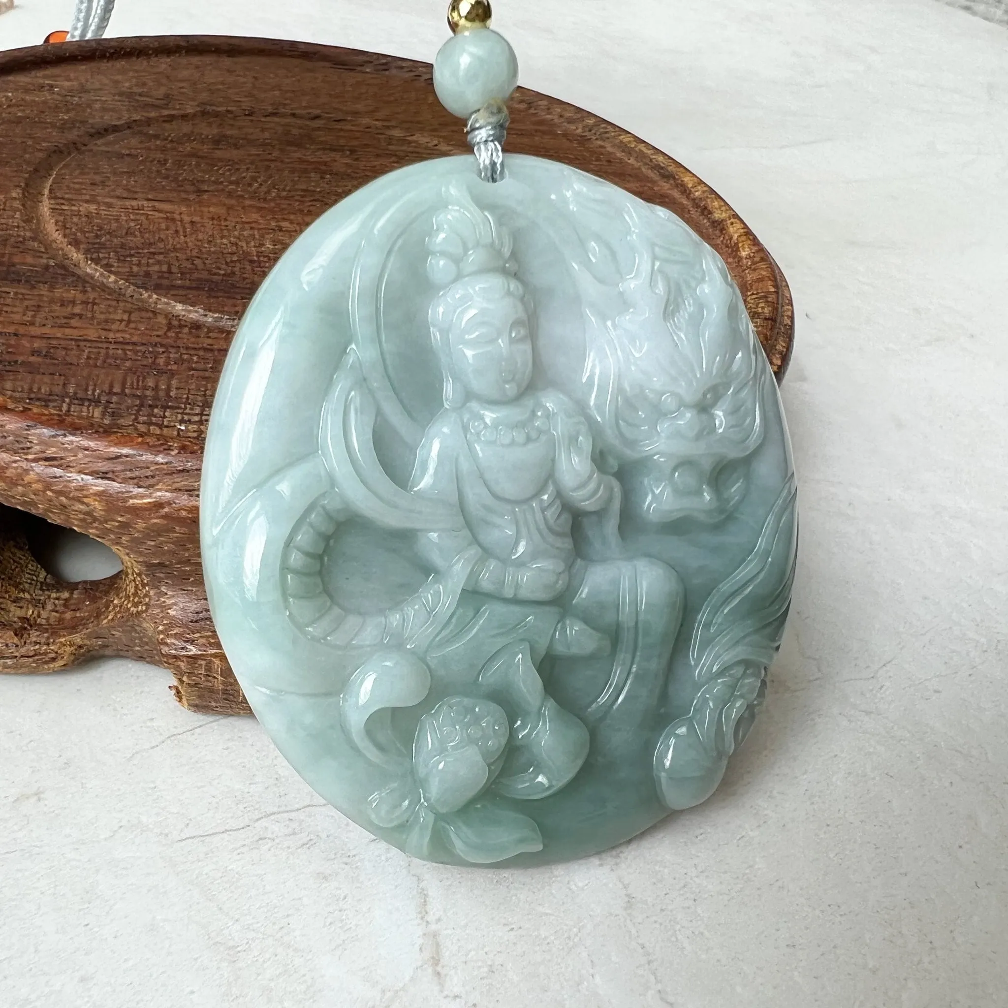 Green Jadeite Jade Guan Yin Avalokiteshvara, Dragon, Quan Am, Hand Carved Pendant Necklace, YJ-1221-0319681