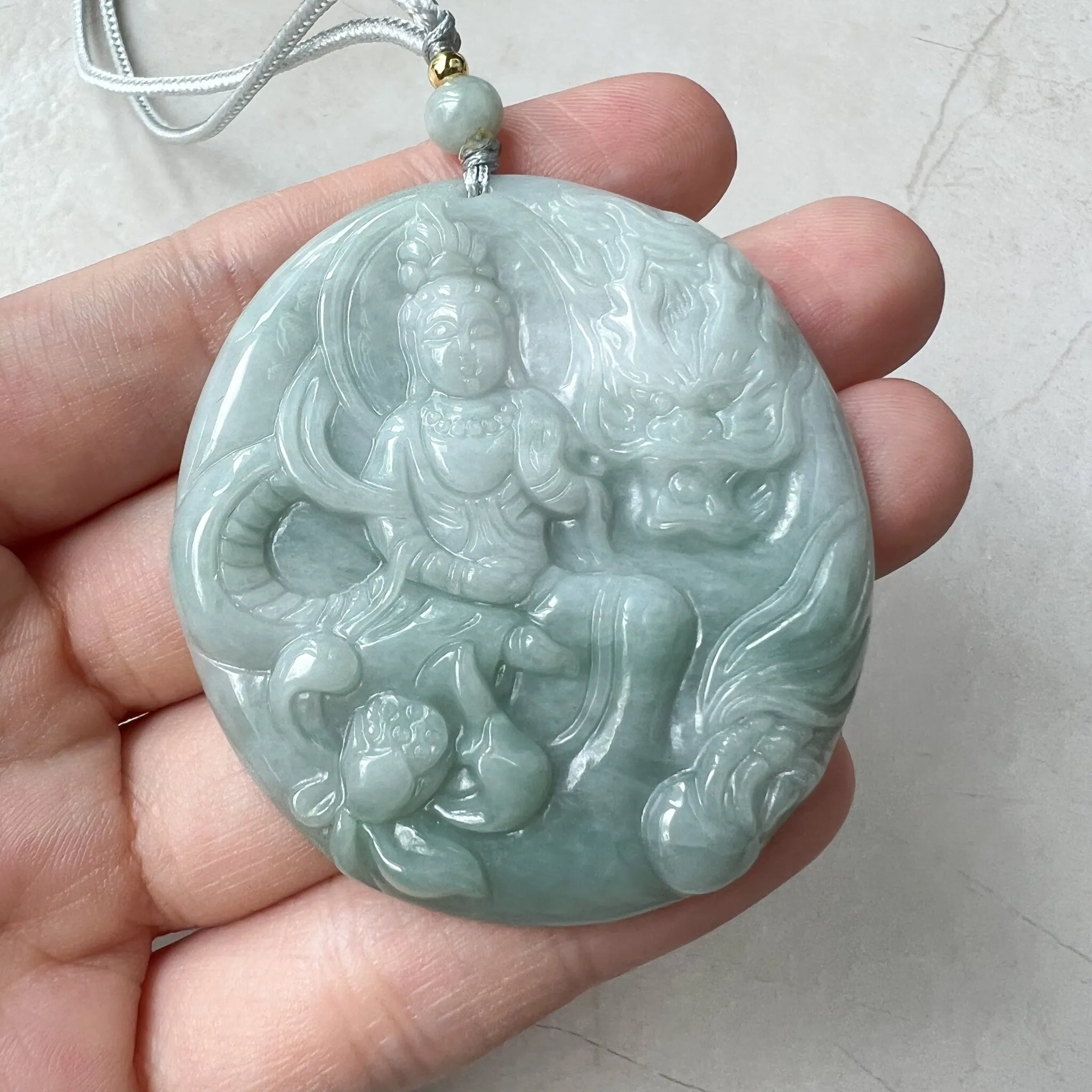 Green Jadeite Jade Guan Yin Avalokiteshvara, Dragon, Quan Am, Hand Carved Pendant Necklace, YJ-1221-0319681