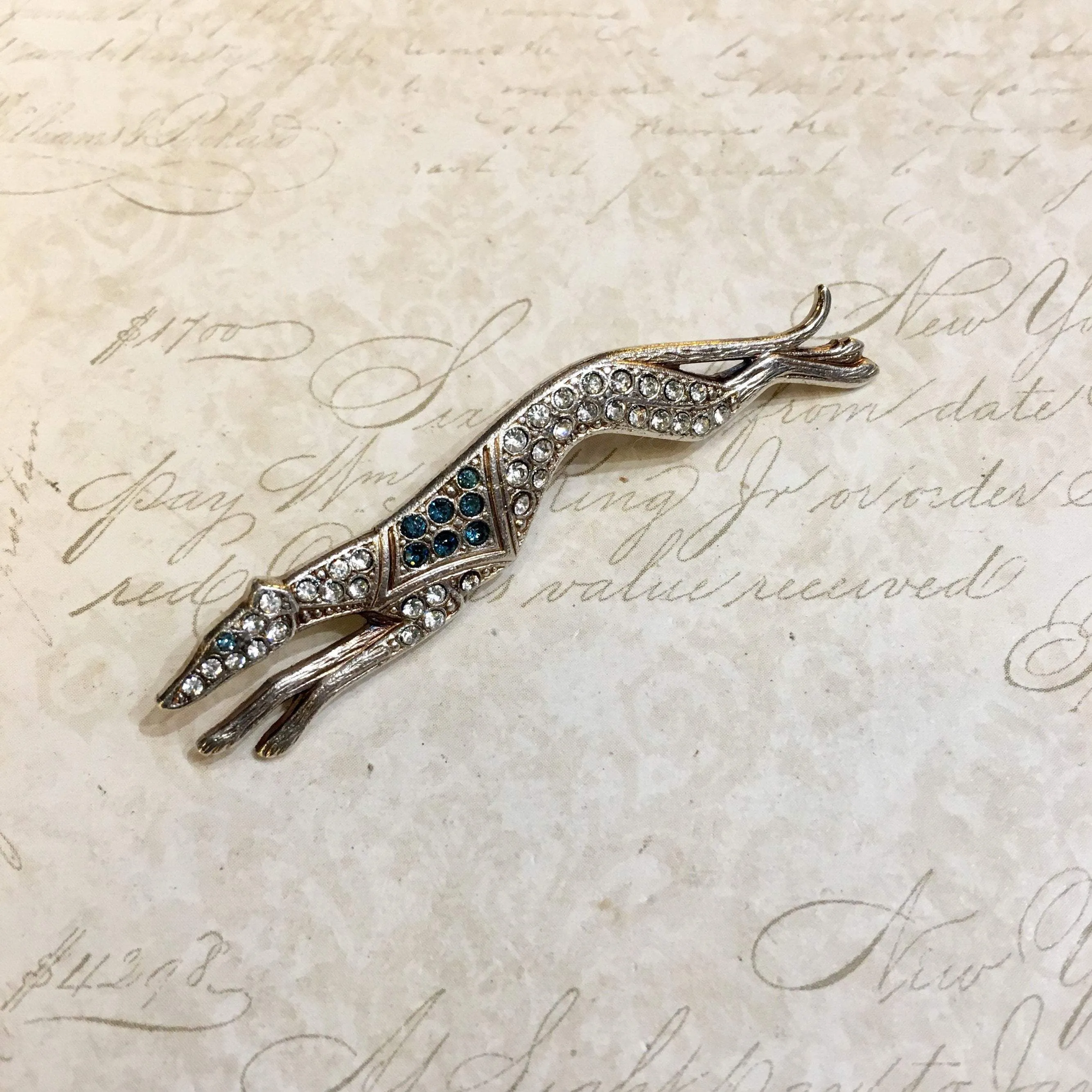Greyhound Brooch Blue Crystal Silver
