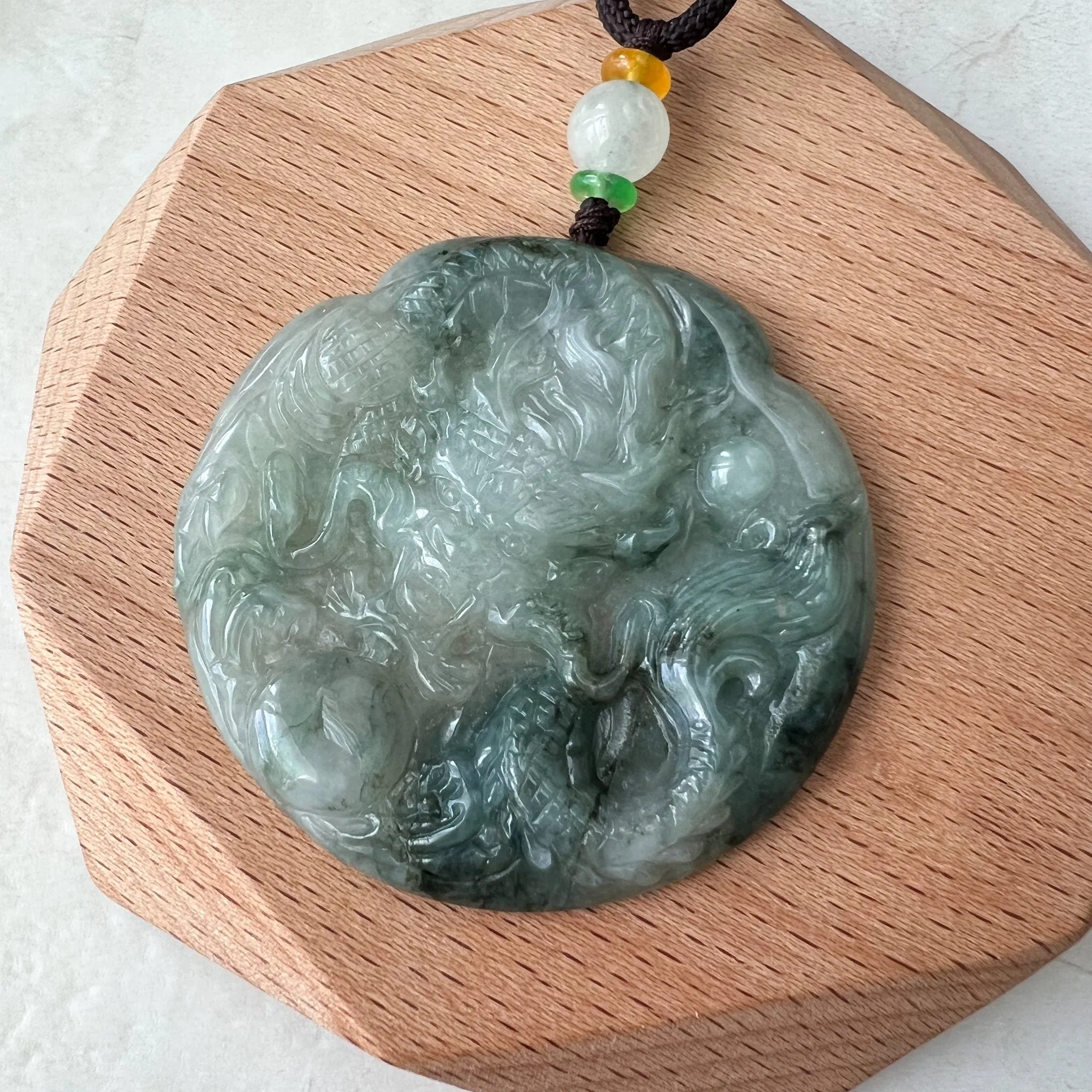 Icy Translucent Green Jadeite Jade Dragon Chinese Zodiac Hand Carved Pendant Necklace, YJ-0322-0355363