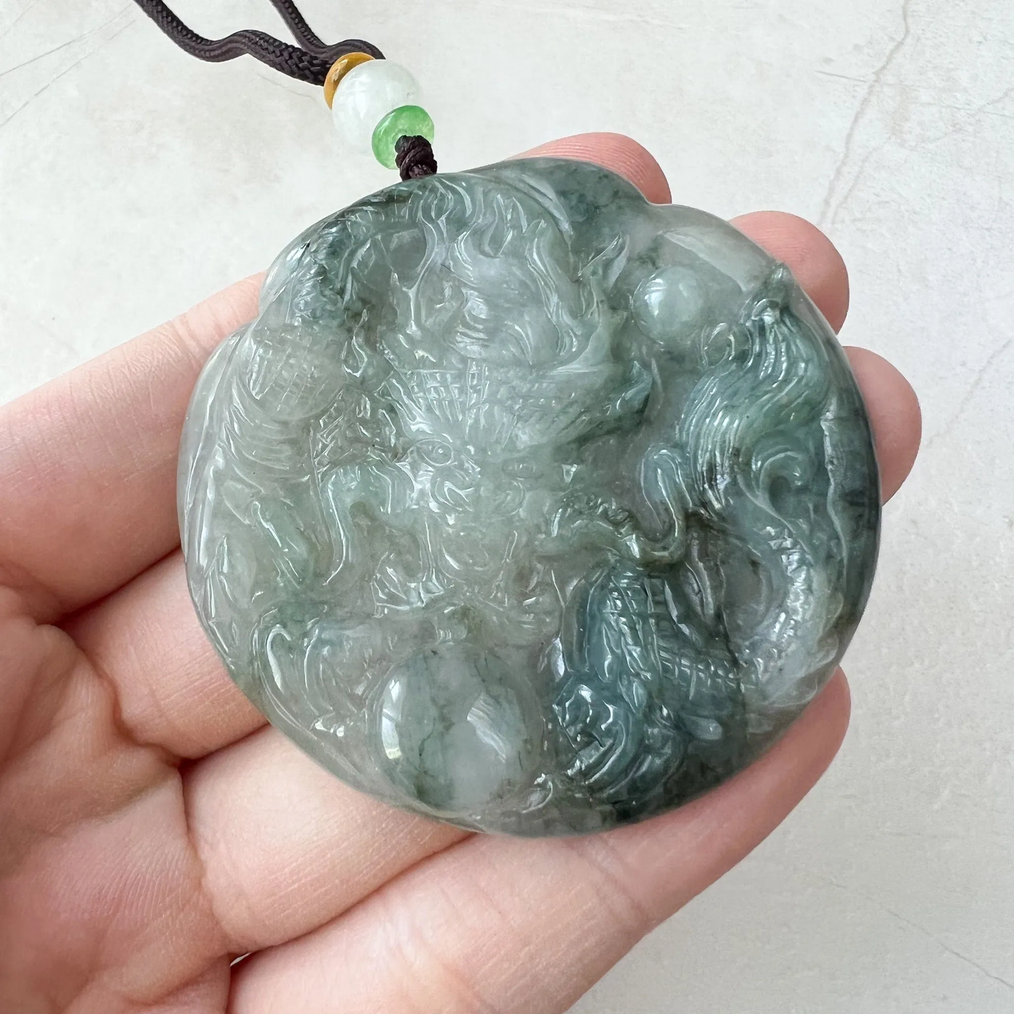 Icy Translucent Green Jadeite Jade Dragon Chinese Zodiac Hand Carved Pendant Necklace, YJ-0322-0355363
