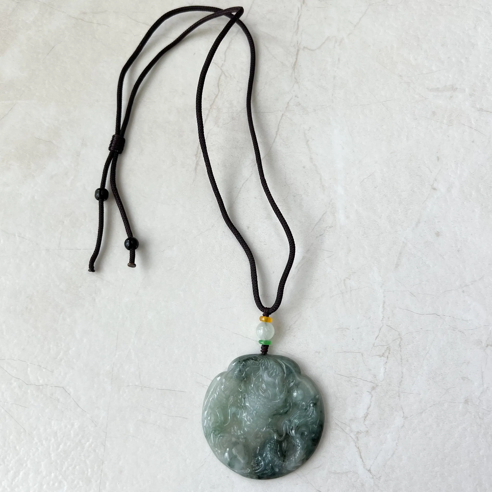 Icy Translucent Green Jadeite Jade Dragon Chinese Zodiac Hand Carved Pendant Necklace, YJ-0322-0355363