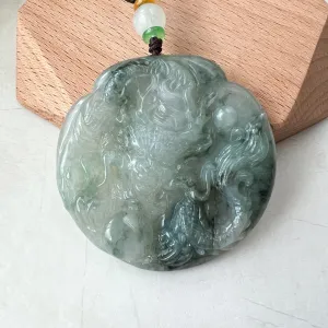 Icy Translucent Green Jadeite Jade Dragon Chinese Zodiac Hand Carved Pendant Necklace, YJ-0322-0355363