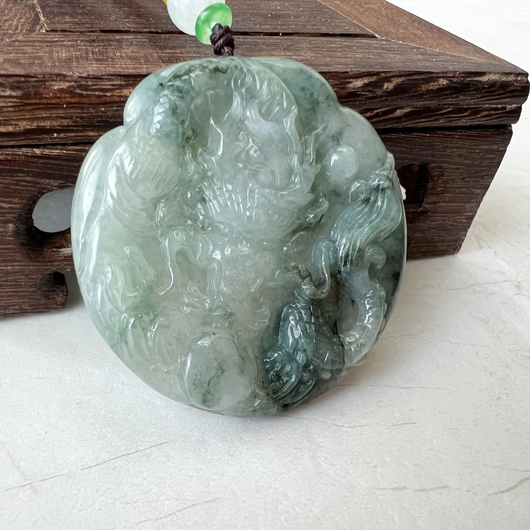 Icy Translucent Green Jadeite Jade Dragon Chinese Zodiac Hand Carved Pendant Necklace, YJ-0322-0355363