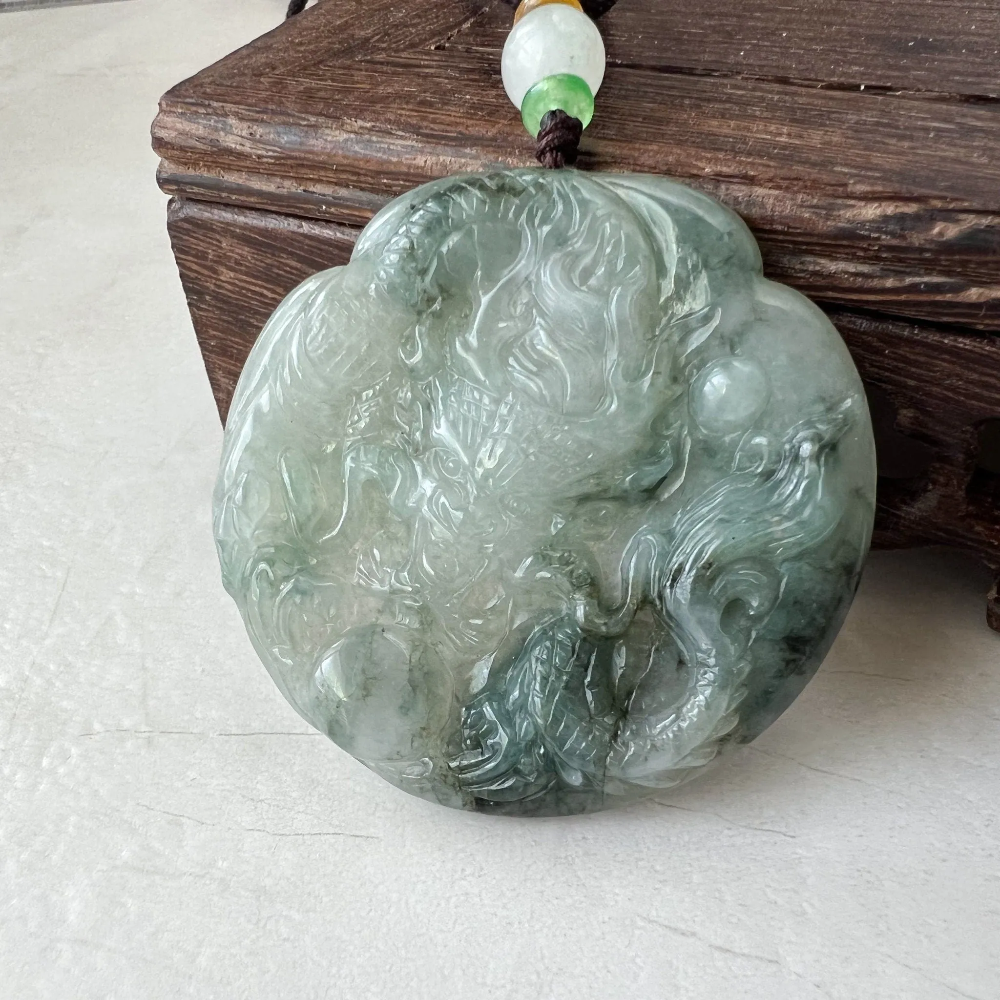 Icy Translucent Green Jadeite Jade Dragon Chinese Zodiac Hand Carved Pendant Necklace, YJ-0322-0355363