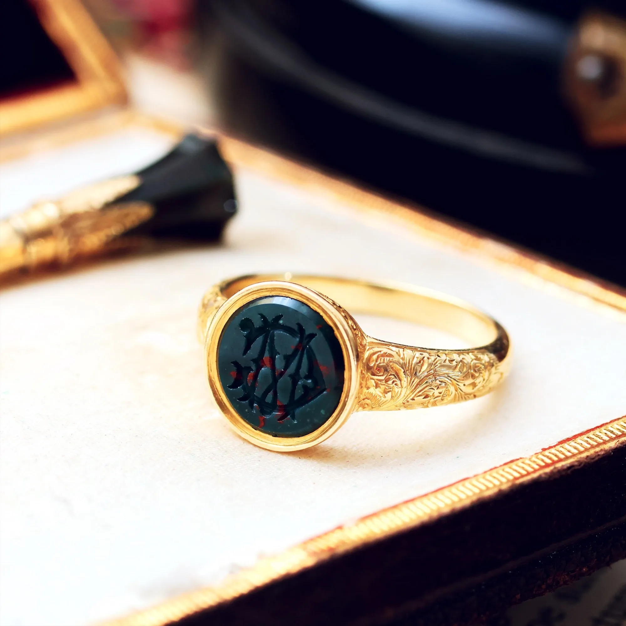 Incredible Antique 'M G' Bloodstone Intaglio Signet Ring