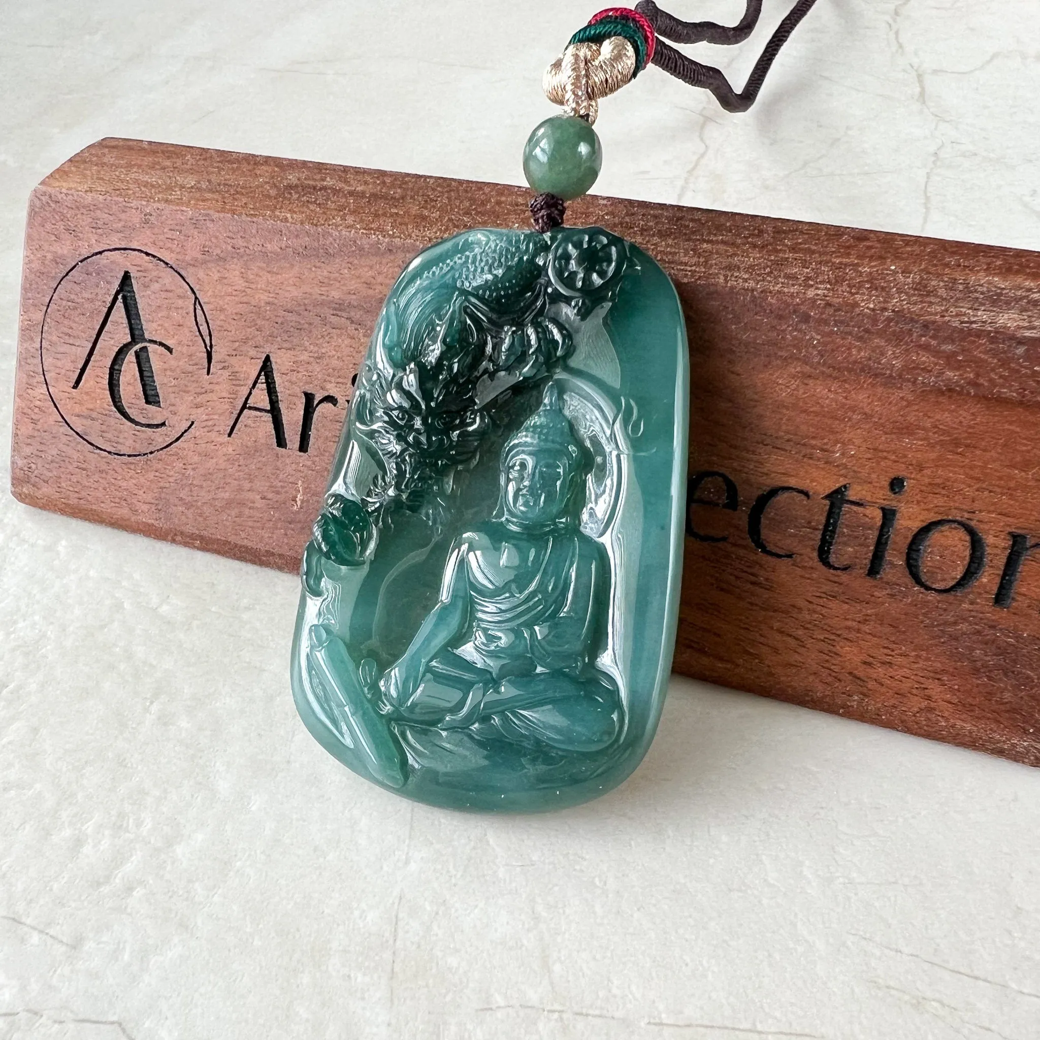 Jadeite Jade Amitabha Buddha Amita Amida and Dragon, Blue Green Carved Pendant Necklace, YX-1122-1680210555