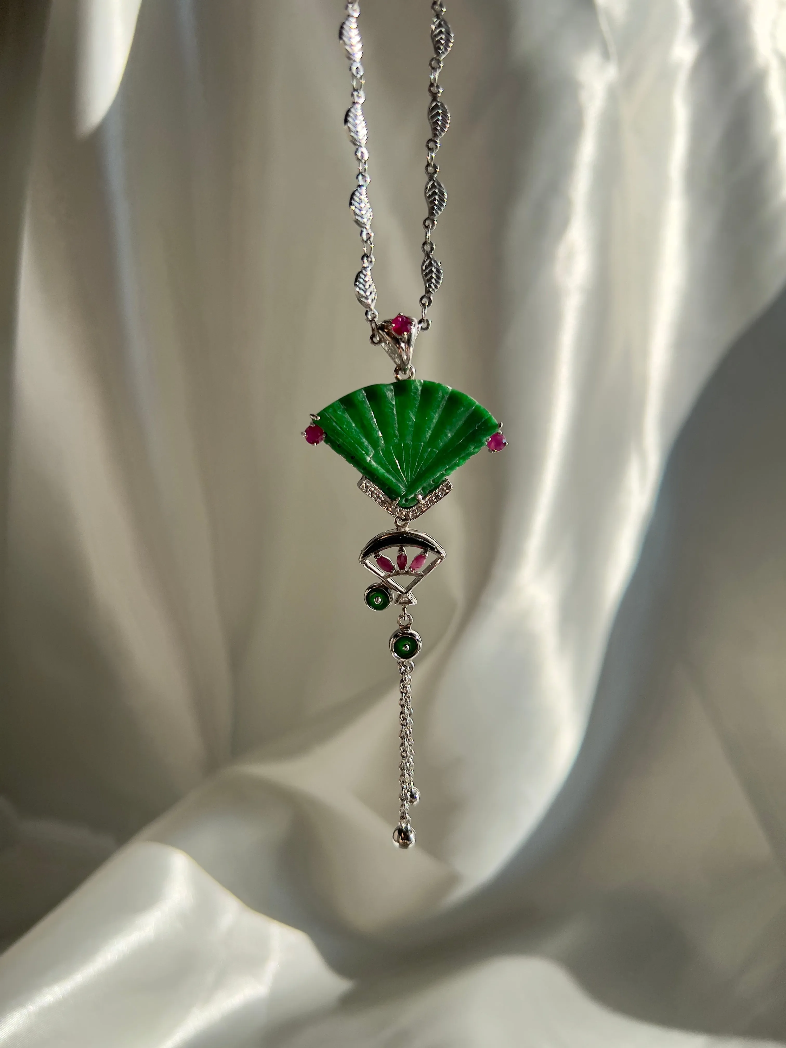 Jadeite Jade & Ruby Fan Pendant Necklace