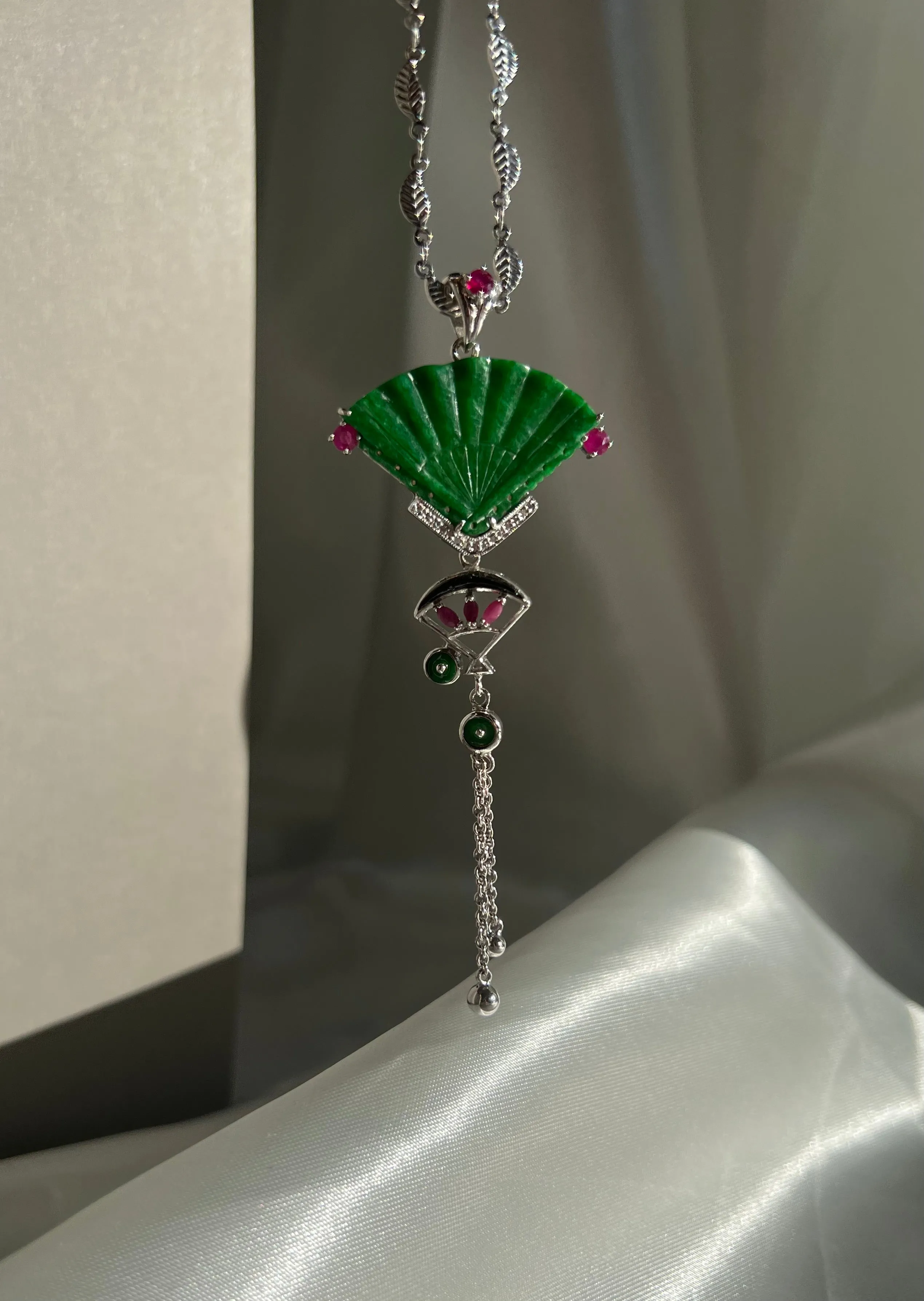 Jadeite Jade & Ruby Fan Pendant Necklace