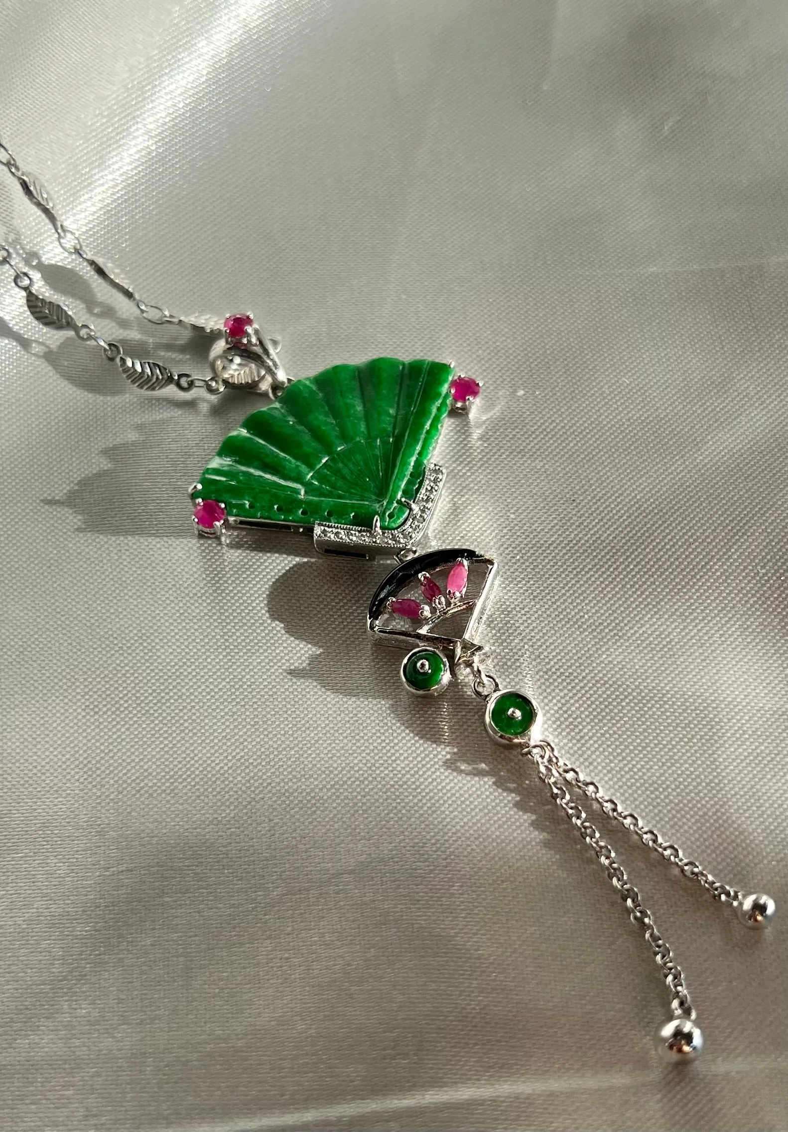 Jadeite Jade & Ruby Fan Pendant Necklace