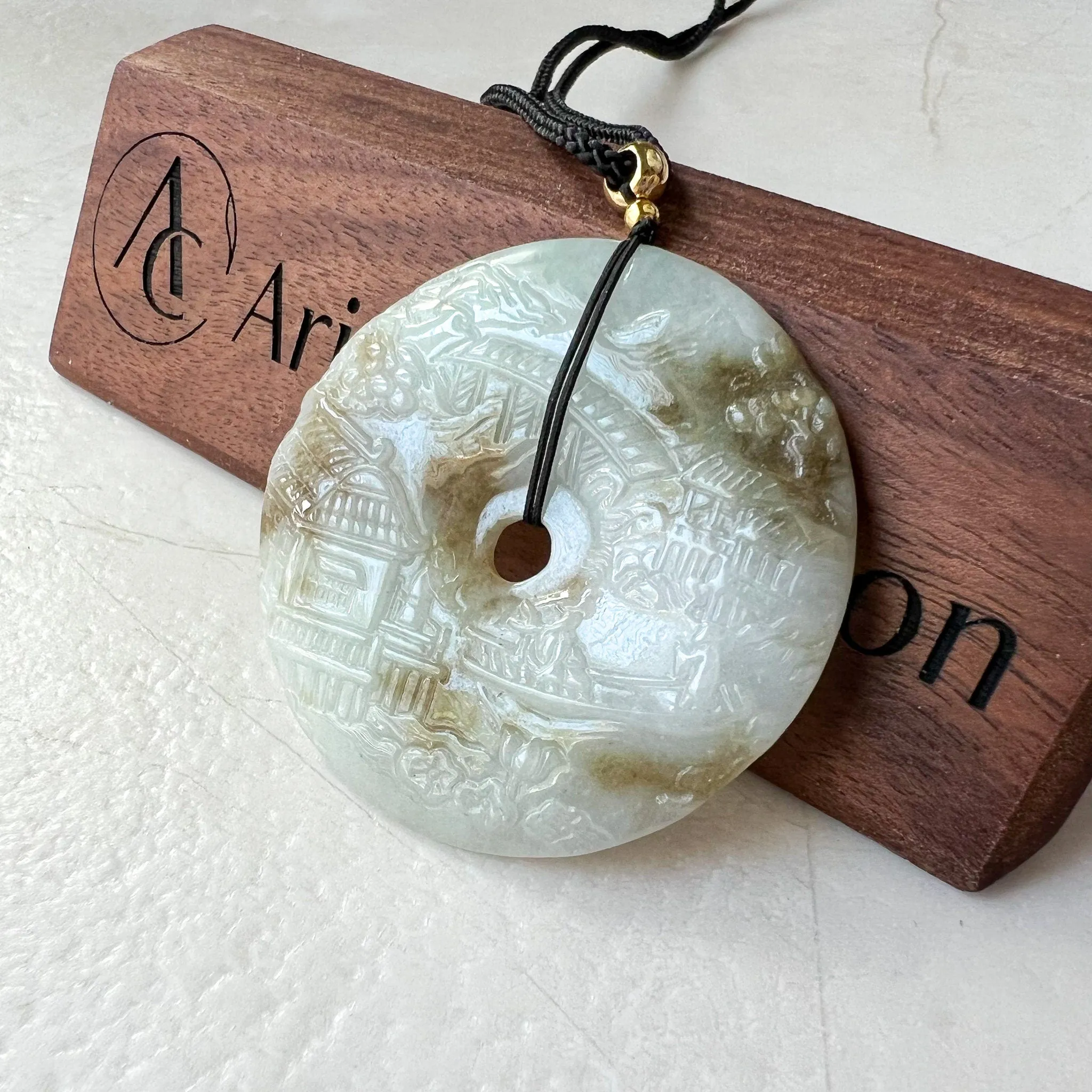 Jadeite Jade Landscape Mountain Forest River Scenery, Yellow Brown Jade, Hand Carved Pendant Necklace, YJ-0622-0427831