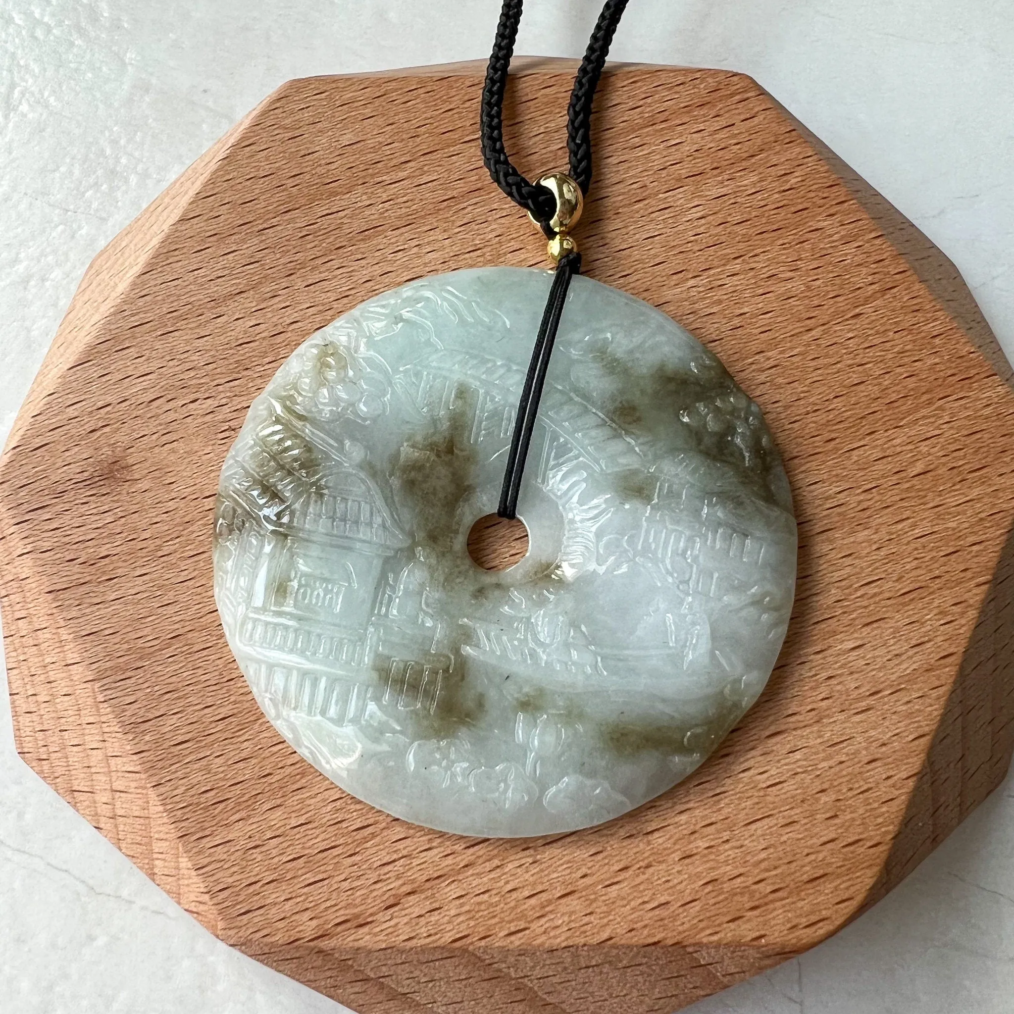 Jadeite Jade Landscape Mountain Forest River Scenery, Yellow Brown Jade, Hand Carved Pendant Necklace, YJ-0622-0427831