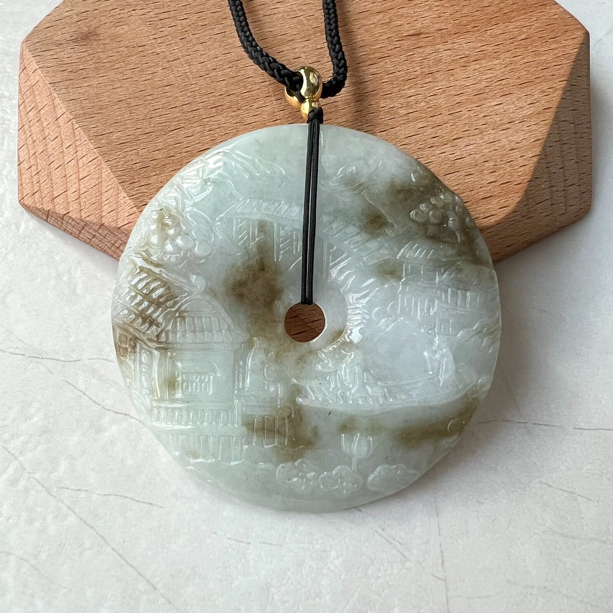 Jadeite Jade Landscape Mountain Forest River Scenery, Yellow Brown Jade, Hand Carved Pendant Necklace, YJ-0622-0427831