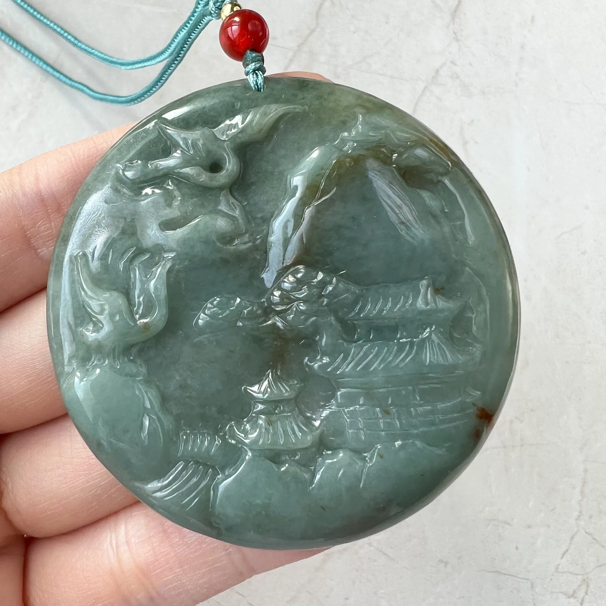 Jadeite Jade Landscape Mountain Forest River Tree, Crane, Longevity, Scenery Hand Carved Pendant Necklace, YJ-1221-0170321