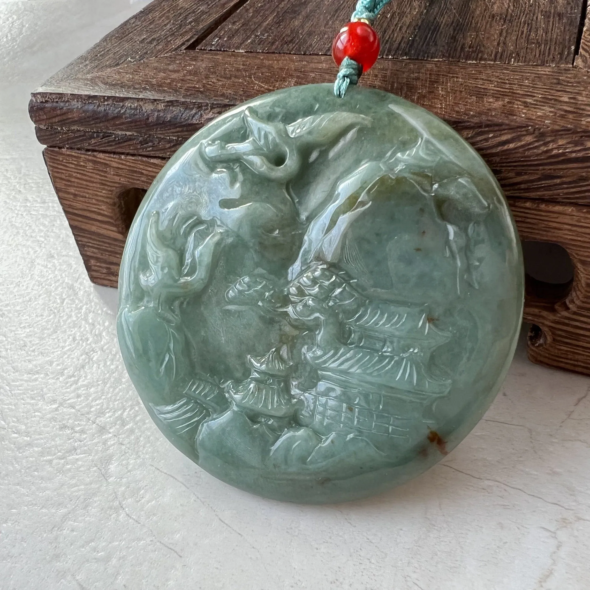 Jadeite Jade Landscape Mountain Forest River Tree, Crane, Longevity, Scenery Hand Carved Pendant Necklace, YJ-1221-0170321
