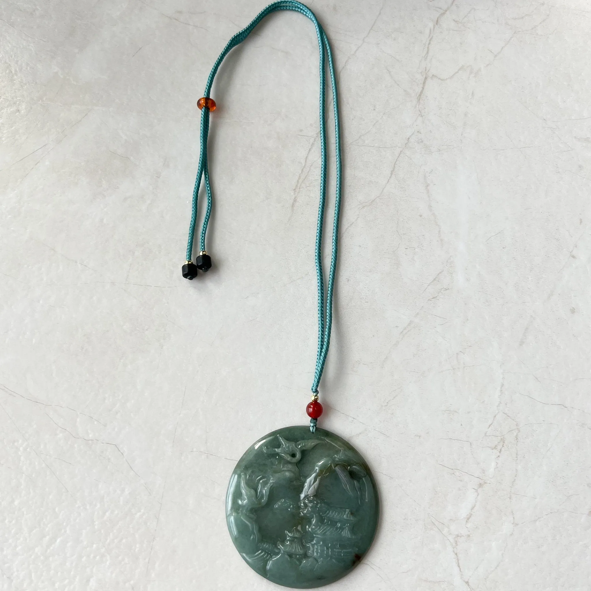 Jadeite Jade Landscape Mountain Forest River Tree, Crane, Longevity, Scenery Hand Carved Pendant Necklace, YJ-1221-0170321