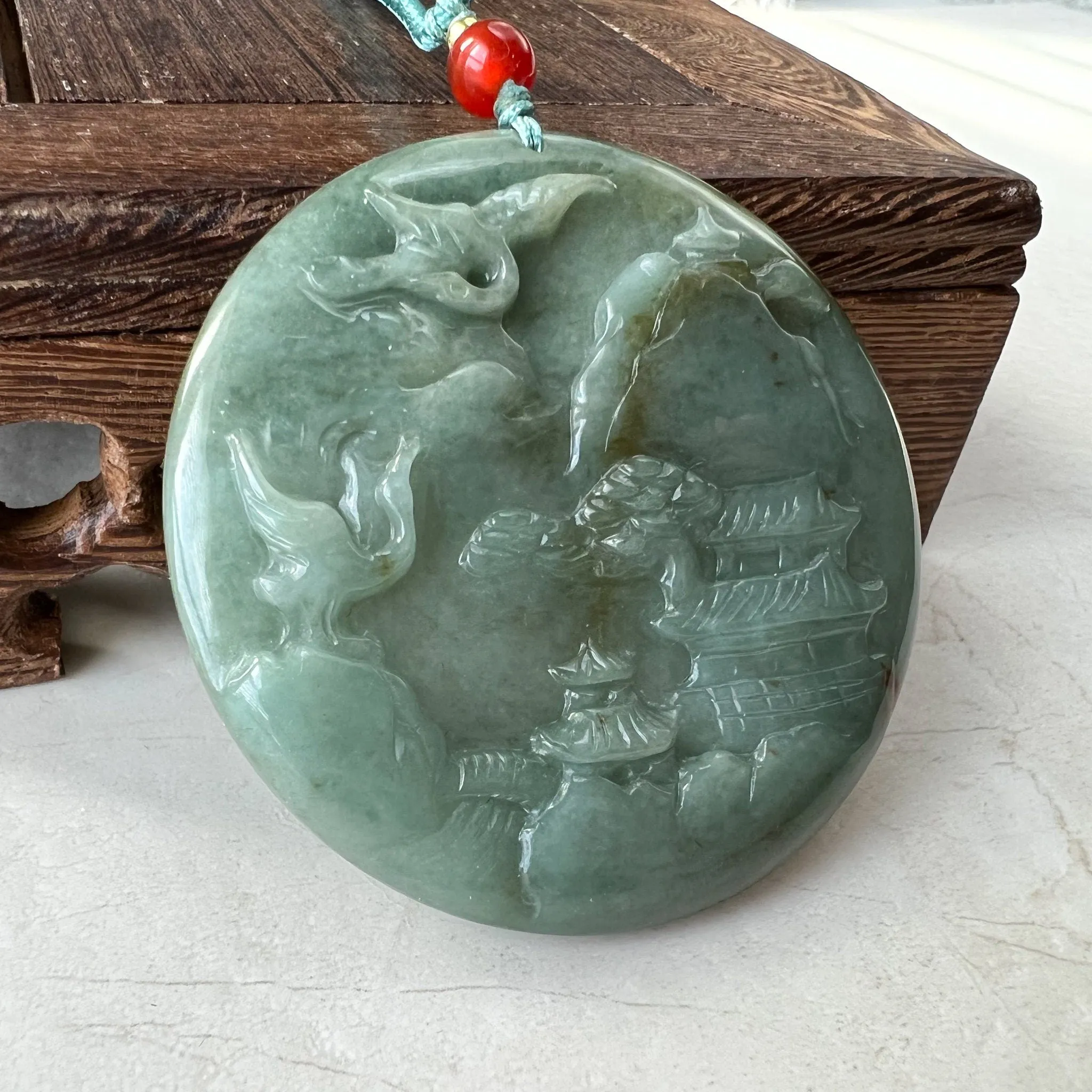Jadeite Jade Landscape Mountain Forest River Tree, Crane, Longevity, Scenery Hand Carved Pendant Necklace, YJ-1221-0170321