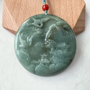 Jadeite Jade Landscape Mountain Forest River Tree, Crane, Longevity, Scenery Hand Carved Pendant Necklace, YJ-1221-0170321
