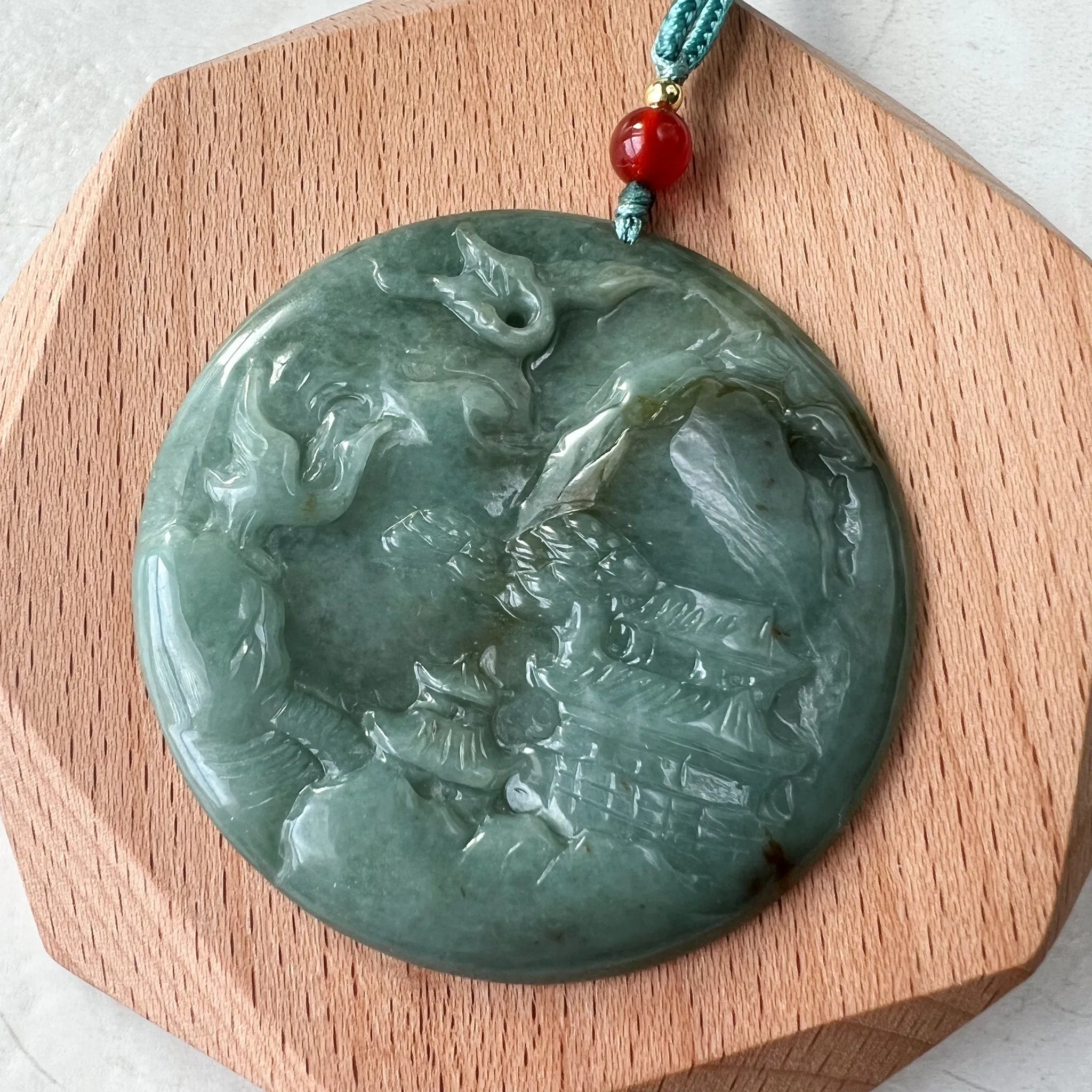 Jadeite Jade Landscape Mountain Forest River Tree, Crane, Longevity, Scenery Hand Carved Pendant Necklace, YJ-1221-0170321