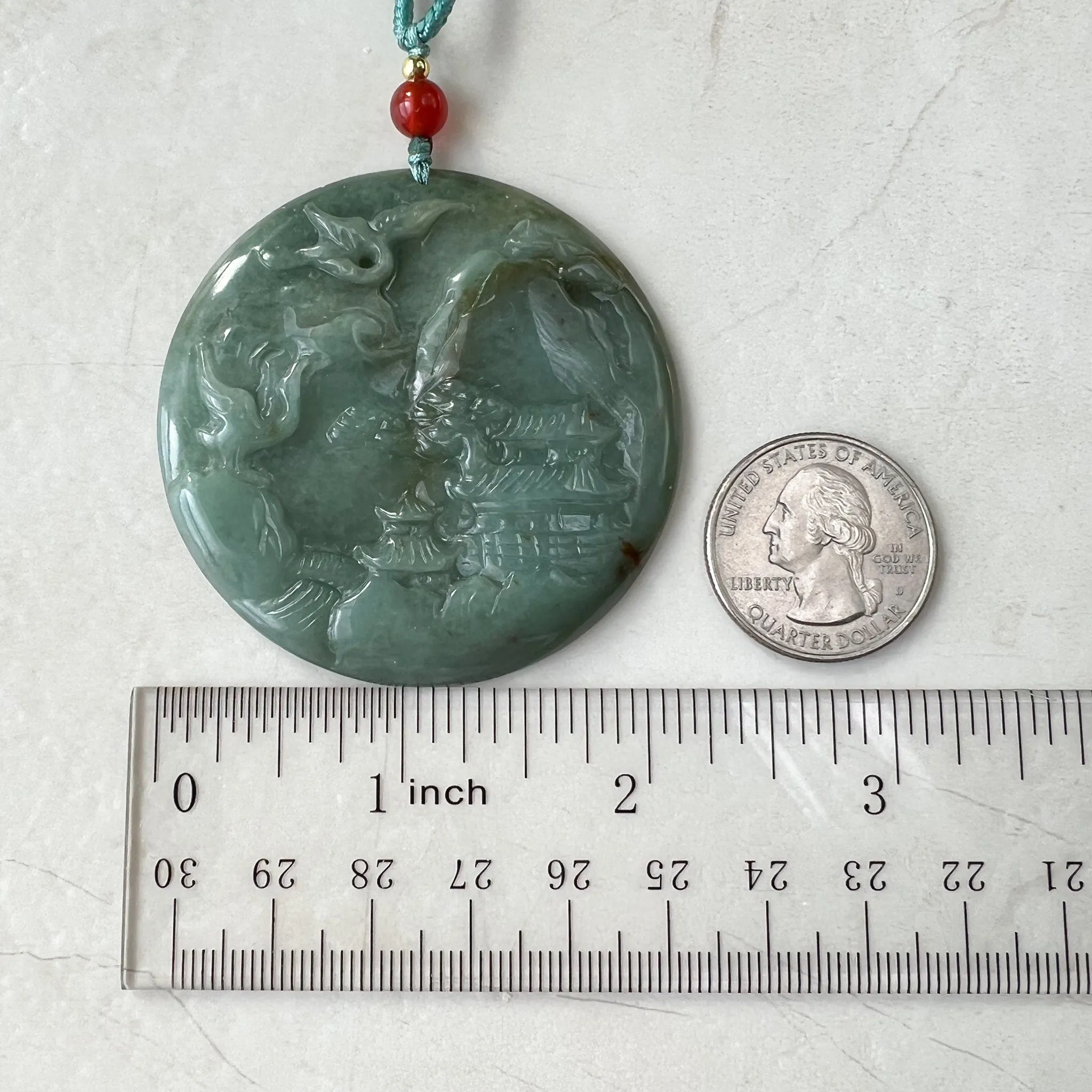Jadeite Jade Landscape Mountain Forest River Tree, Crane, Longevity, Scenery Hand Carved Pendant Necklace, YJ-1221-0170321