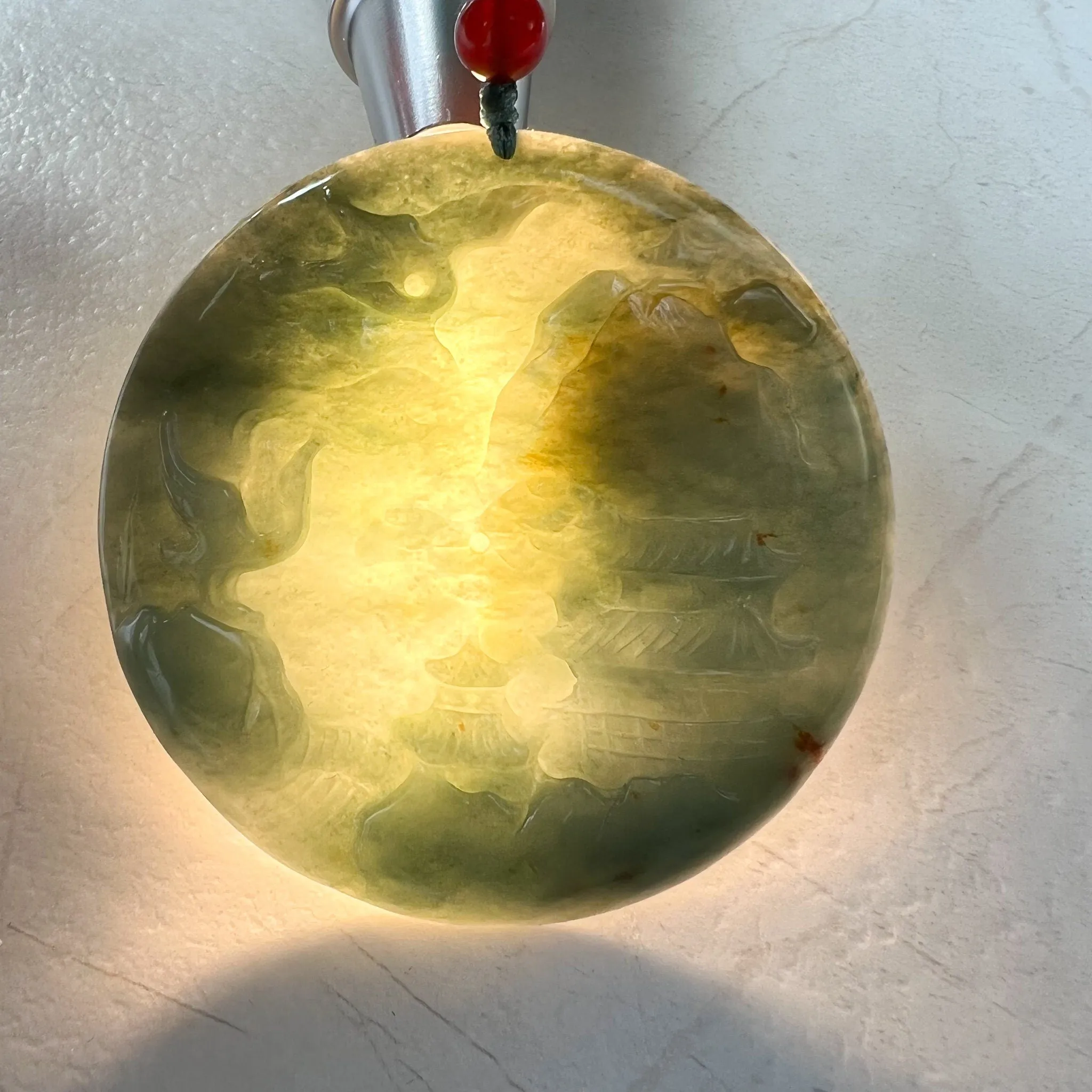 Jadeite Jade Landscape Mountain Forest River Tree, Crane, Longevity, Scenery Hand Carved Pendant Necklace, YJ-1221-0170321