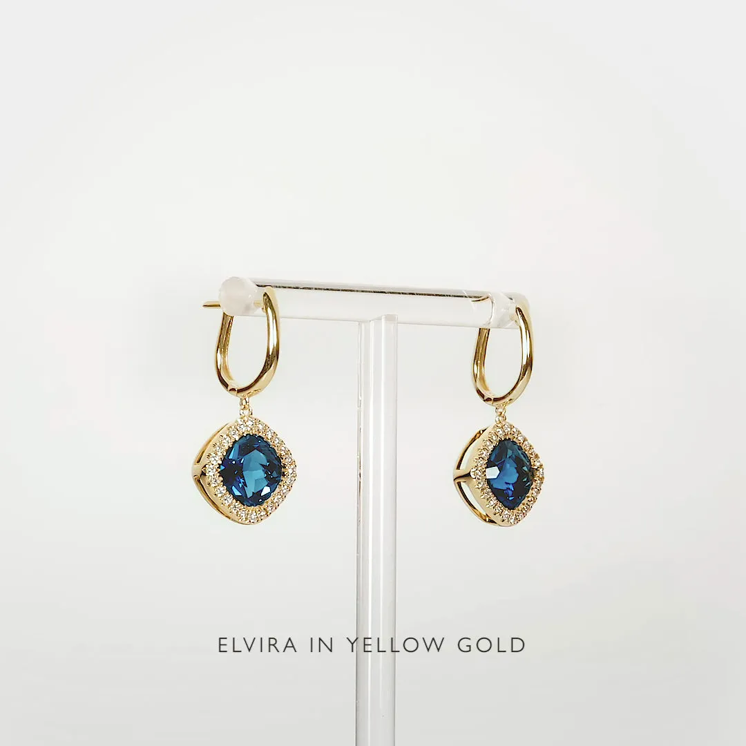 London Blue Topaz and Diamond Halo Drop Earrings Rose Gold - Elvira