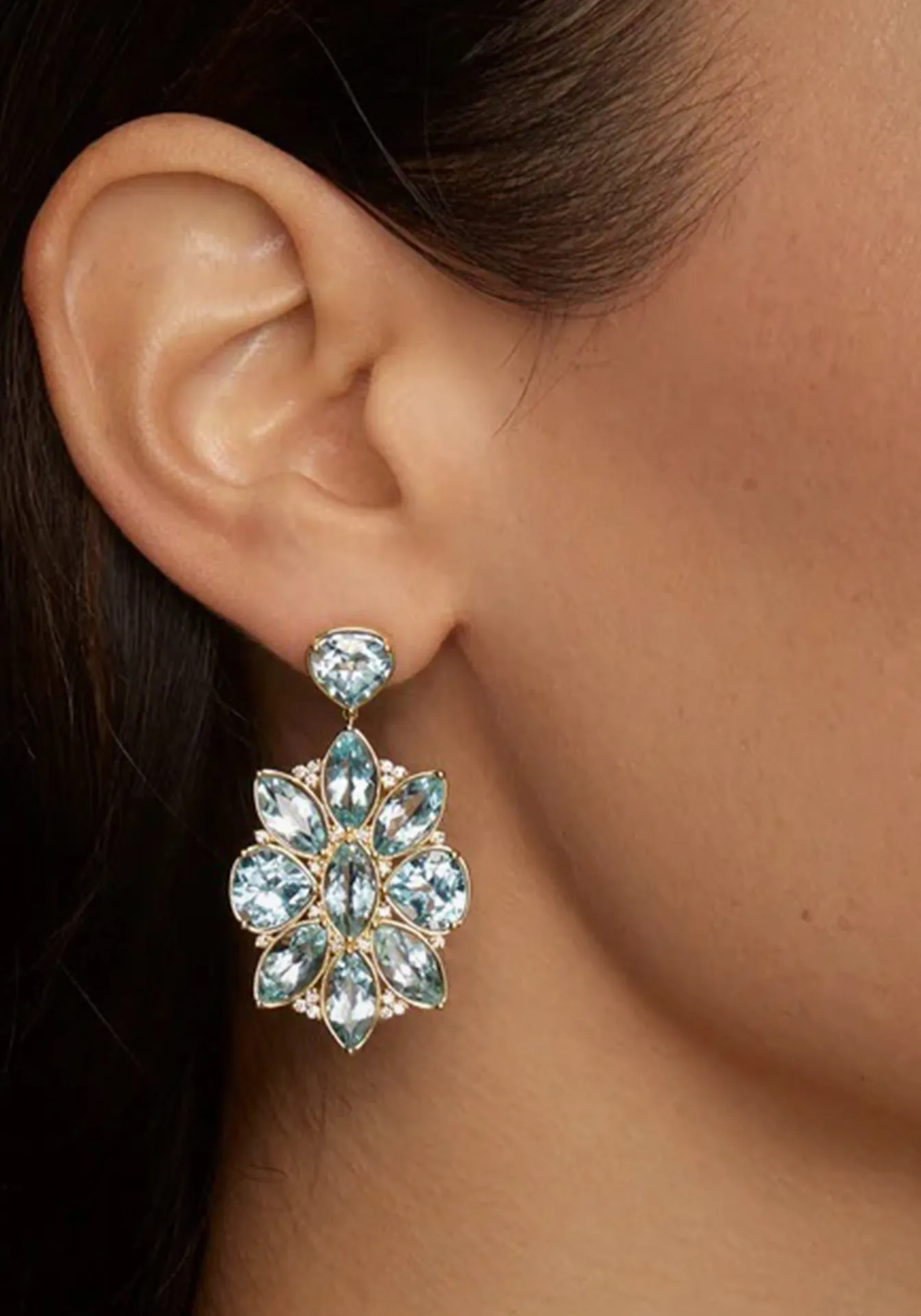 Marquis and Pear Shape, 18K Yellow Gold, Aquamarine, Sky Blue Topaz   Diamond Earrings