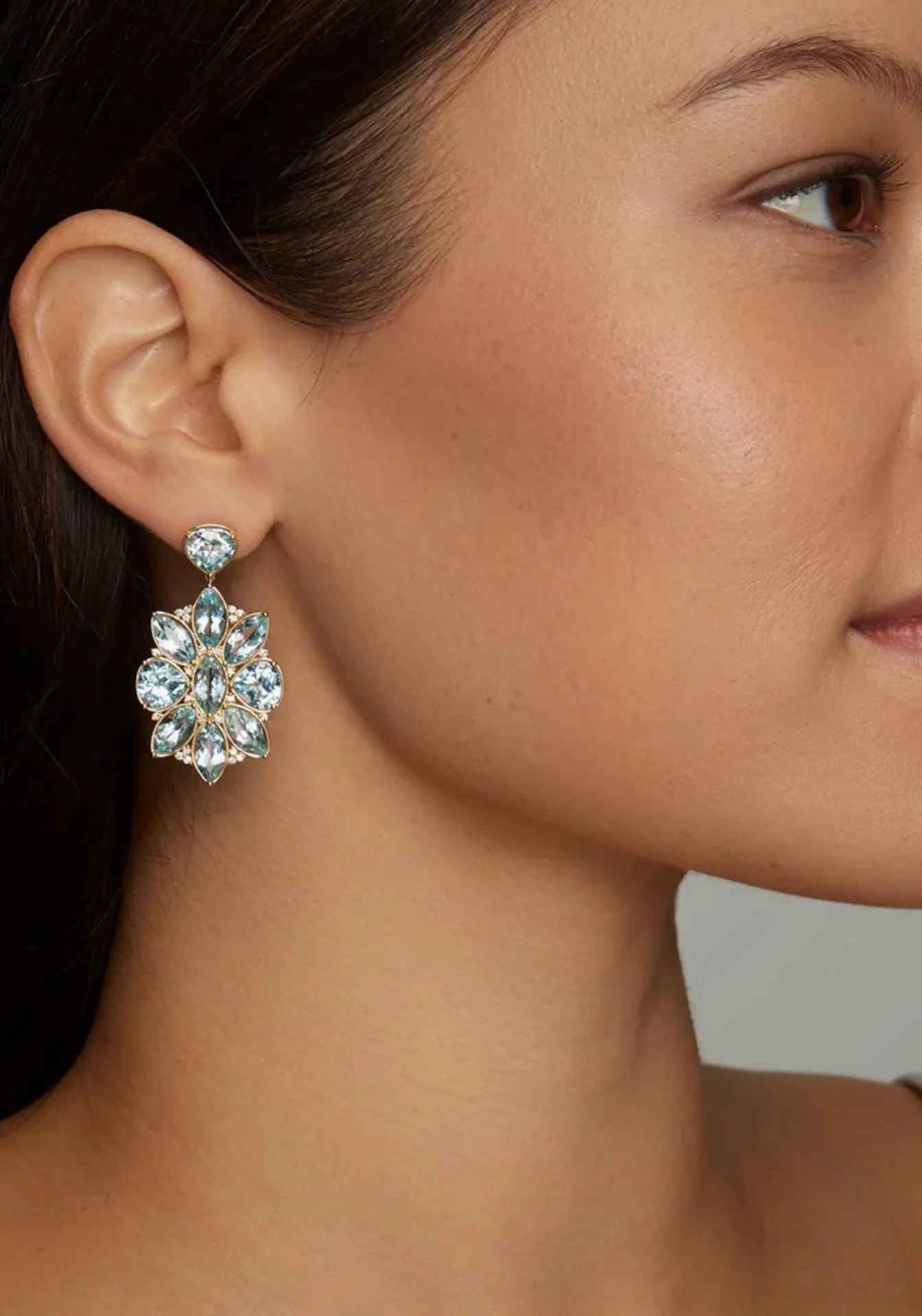 Marquis and Pear Shape, 18K Yellow Gold, Aquamarine, Sky Blue Topaz   Diamond Earrings