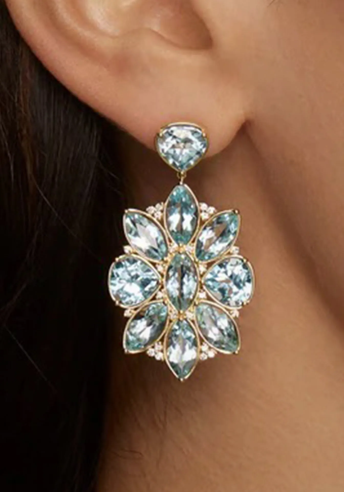 Marquis and Pear Shape, 18K Yellow Gold, Aquamarine, Sky Blue Topaz   Diamond Earrings