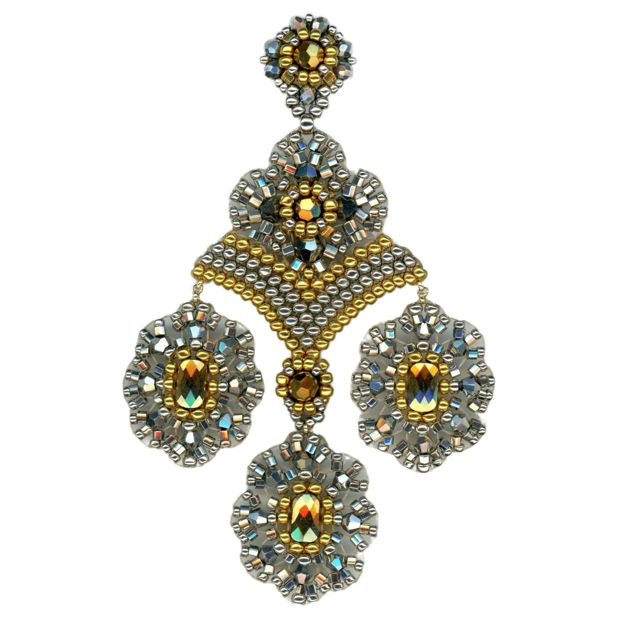 MIGUEL ASES GOLD AND SILVER METALLIC SHIMMER CHANDELIER EARRINGS