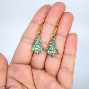 Minimalist Rhinestone Green Christmas Tree Dangle Earrings, Crystal Tree Earring, Statement Christmas Earring.