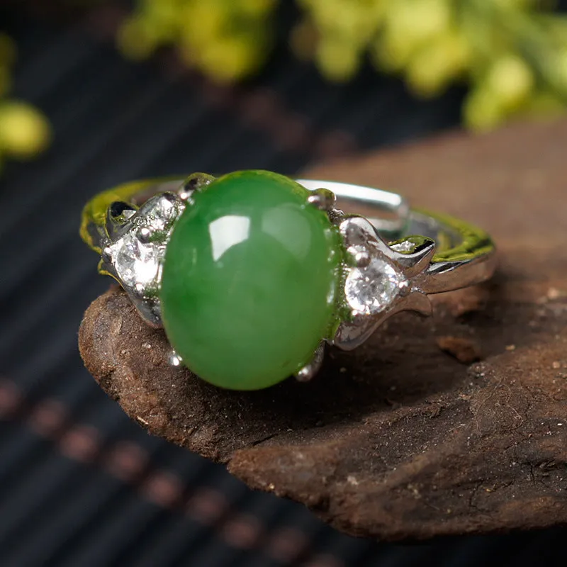 Natural Jade Ring Nephrite Silver Zircon Adjustable Ring ZNRG117