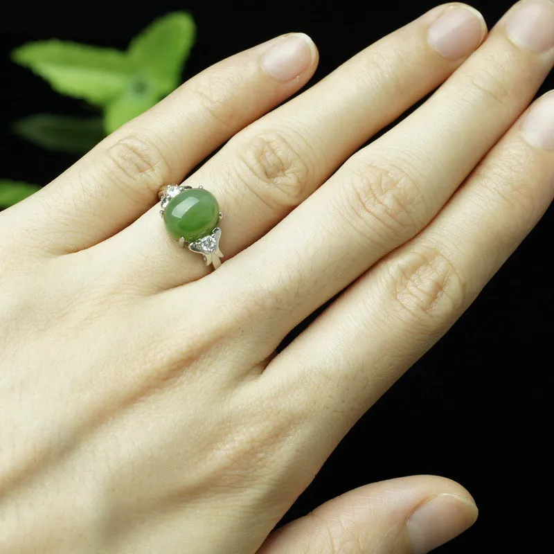 Natural Jade Ring Nephrite Silver Zircon Adjustable Ring ZNRG117