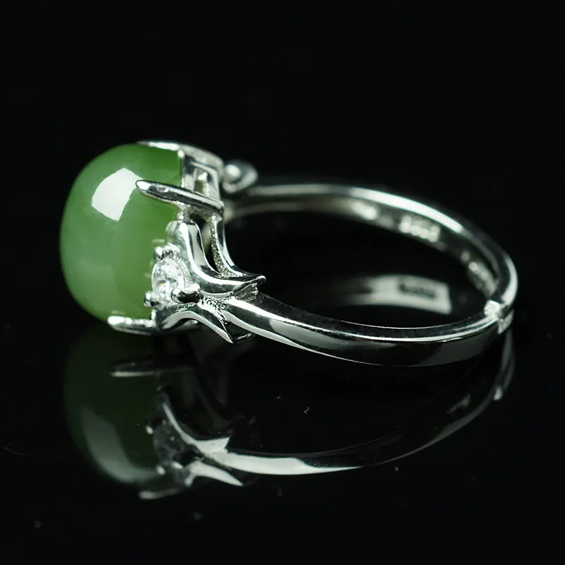 Natural Jade Ring Nephrite Silver Zircon Adjustable Ring ZNRG117