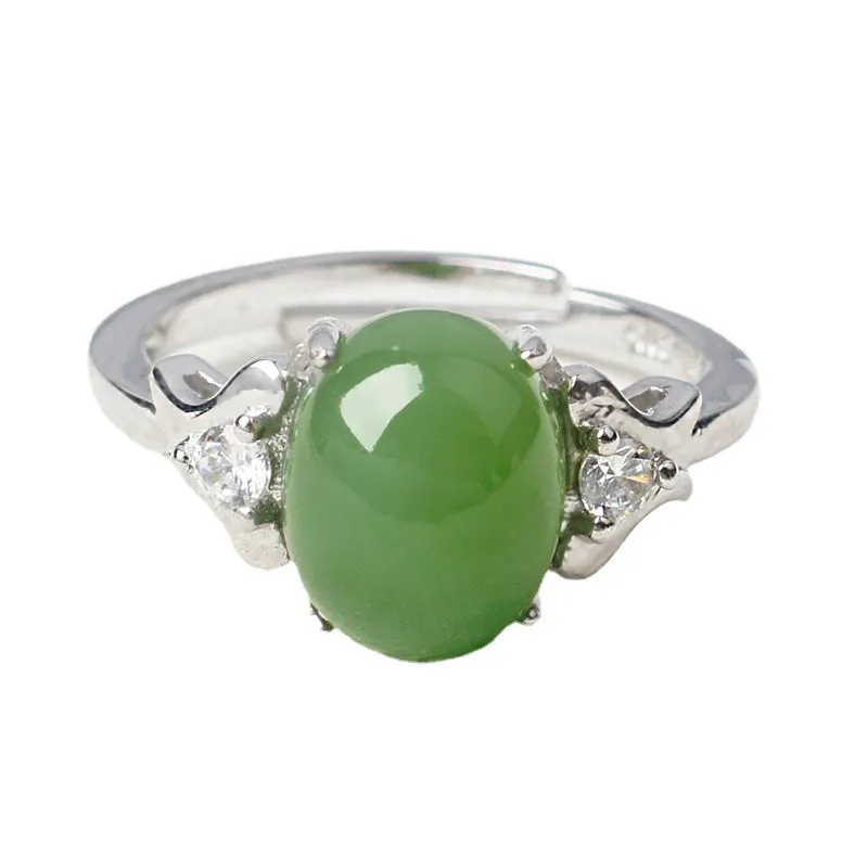 Natural Jade Ring Nephrite Silver Zircon Adjustable Ring ZNRG117