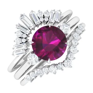 Natural Rhodolite Designer Bridal Ring Set of 3 with Moissanite