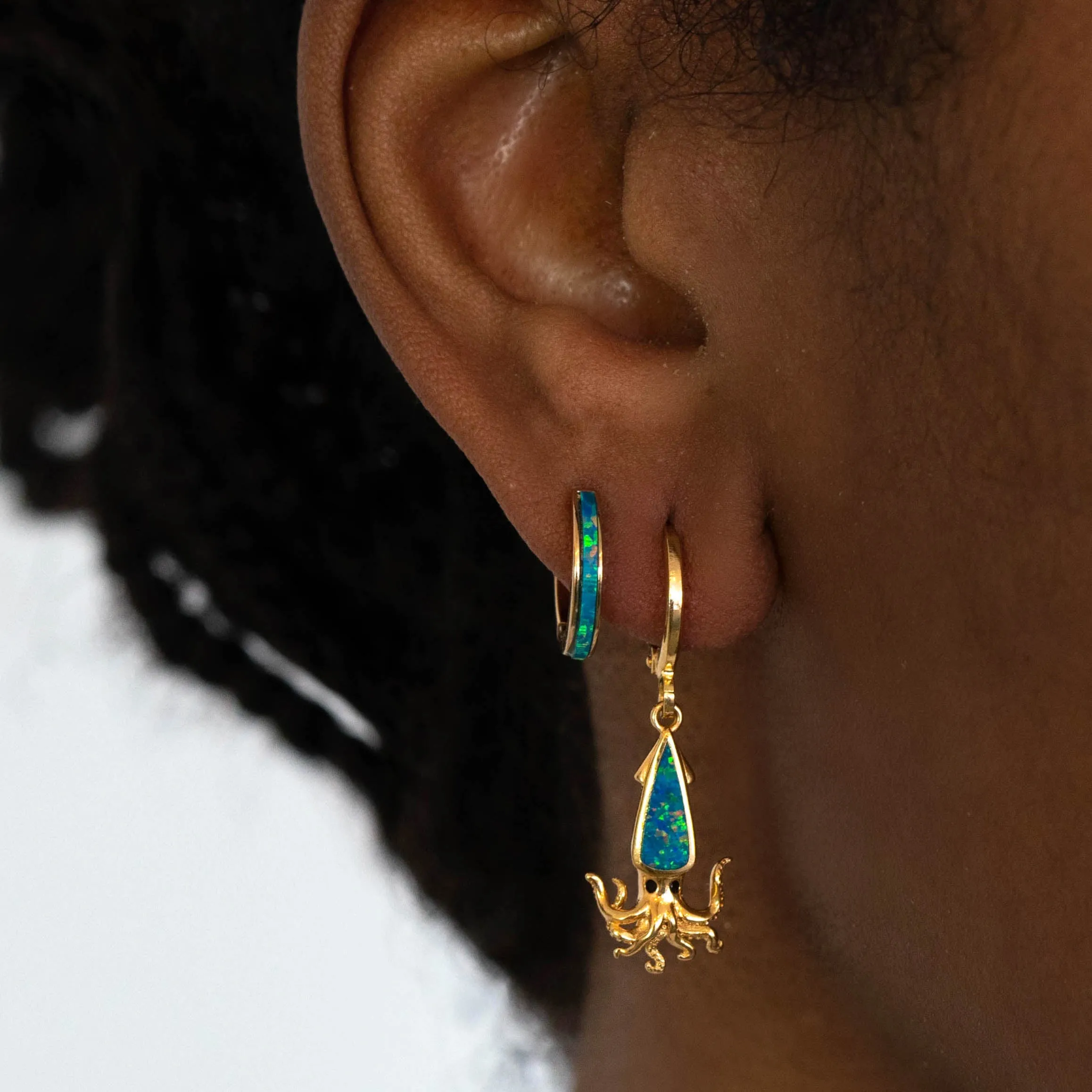 Ocean Blue Shiny Opal Hoop