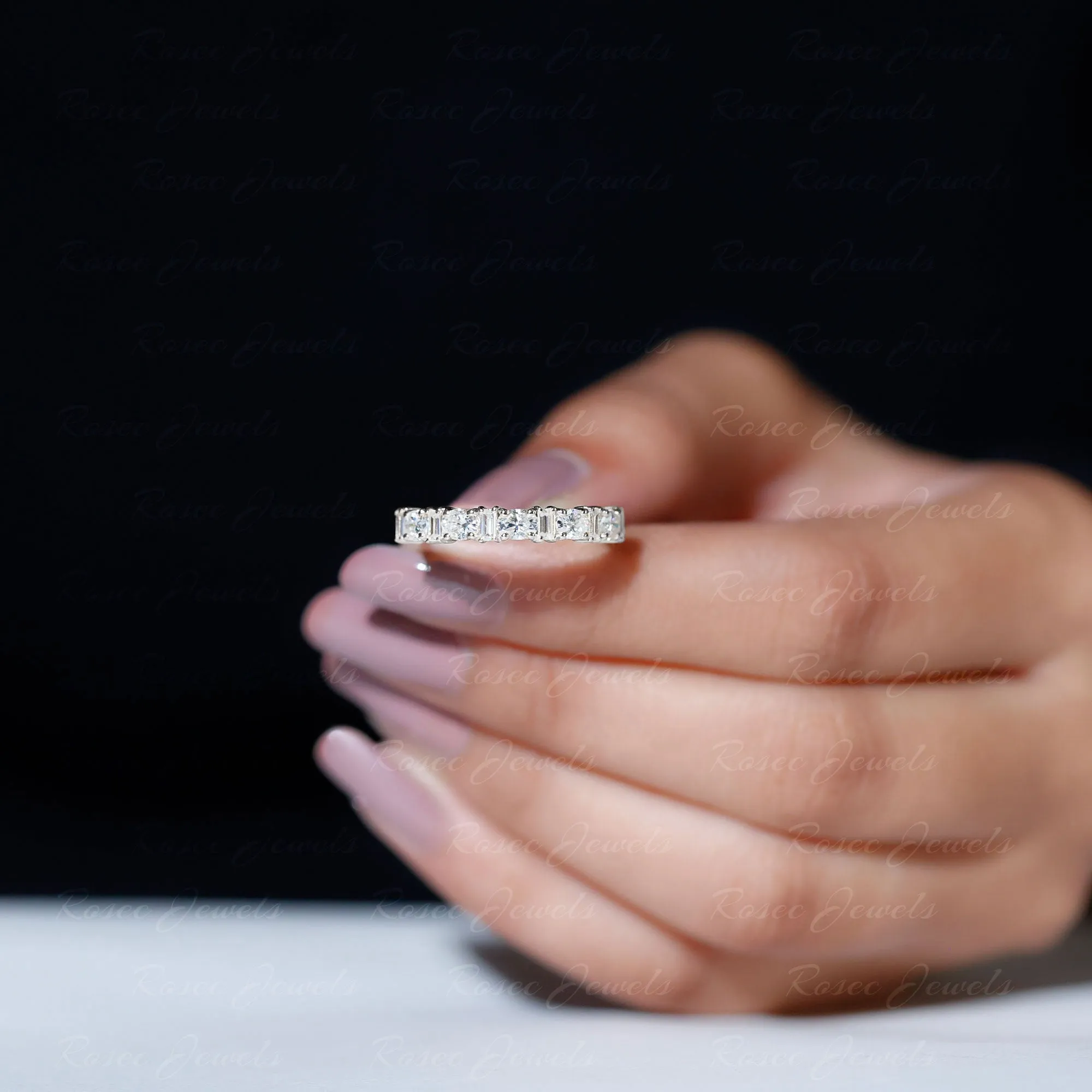 Oval and Baguette Cut Zircon Wedding Half Eternity Ring