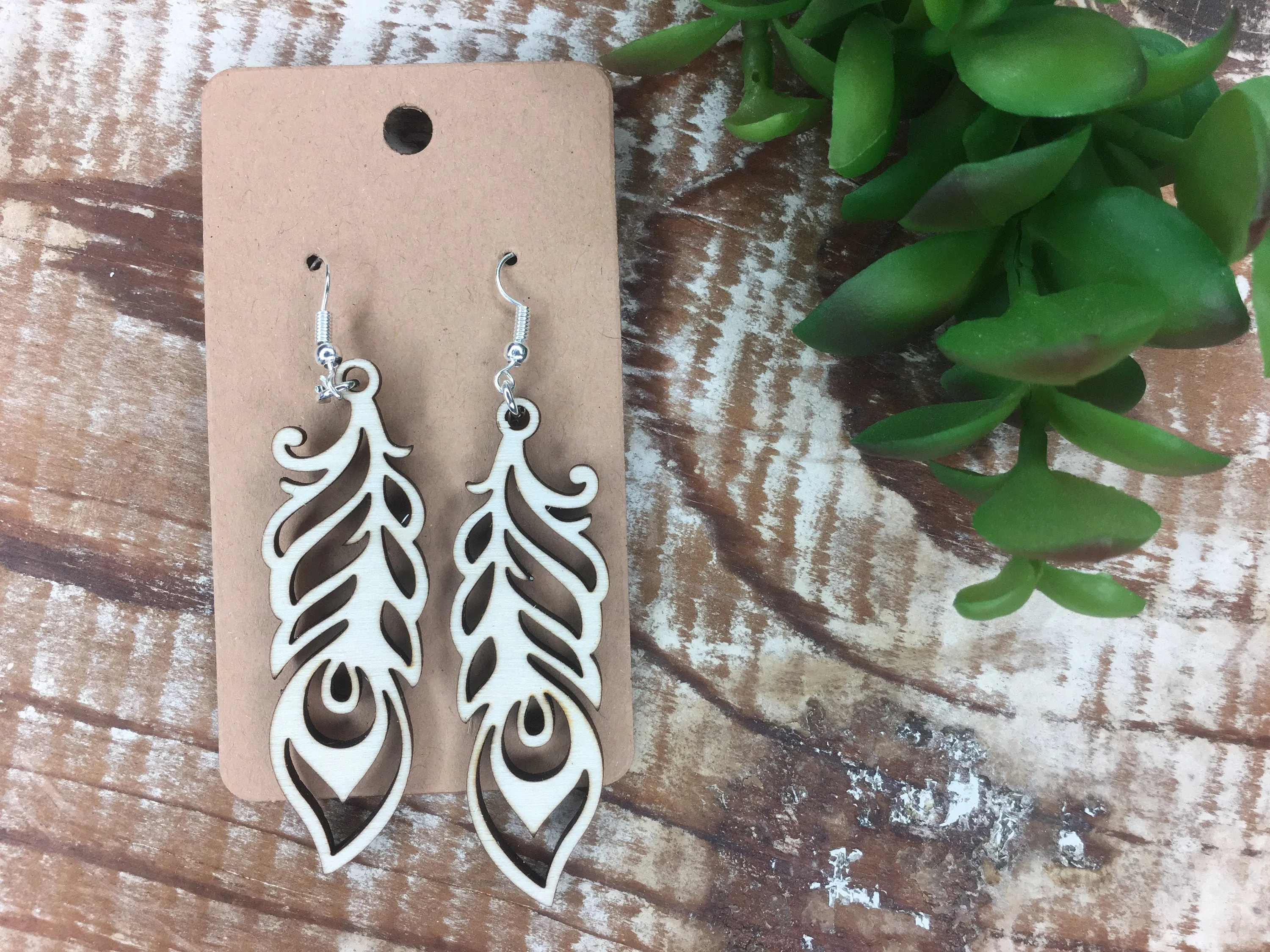 Peacock Earrings, Lightweight Wood Feather Jewelry, Dangle Wood Earrings, Gift for Teacher