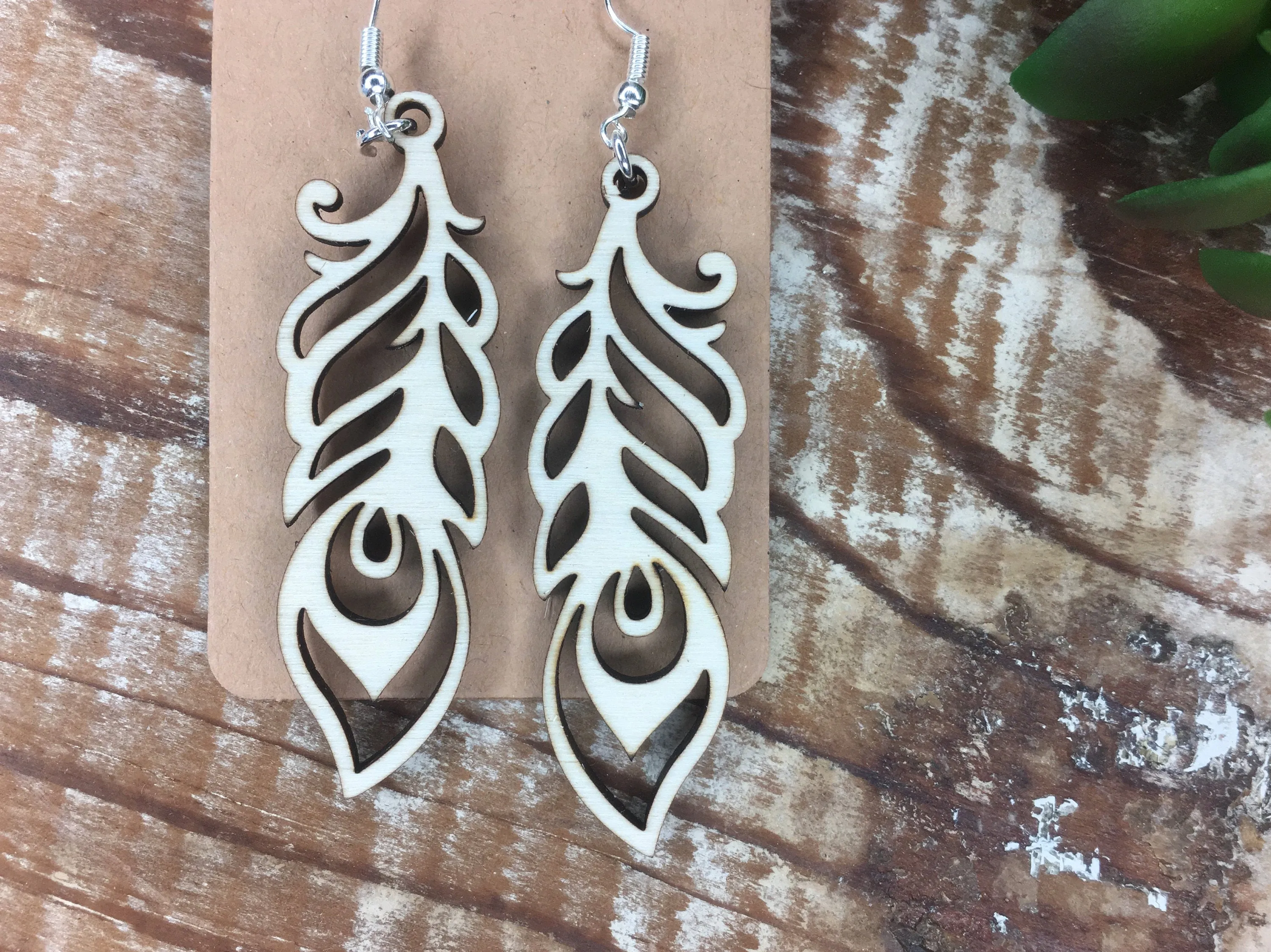 Peacock Earrings, Lightweight Wood Feather Jewelry, Dangle Wood Earrings, Gift for Teacher