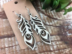 Peacock Earrings, Lightweight Wood Feather Jewelry, Dangle Wood Earrings, Gift for Teacher