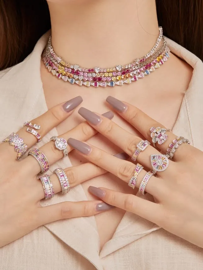 Pink Colorful Tennis Necklace Choker, Zircon .925 Sterling Silver Statement Choker Necklace