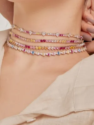 Pink Colorful Tennis Necklace Choker, Zircon .925 Sterling Silver Statement Choker Necklace